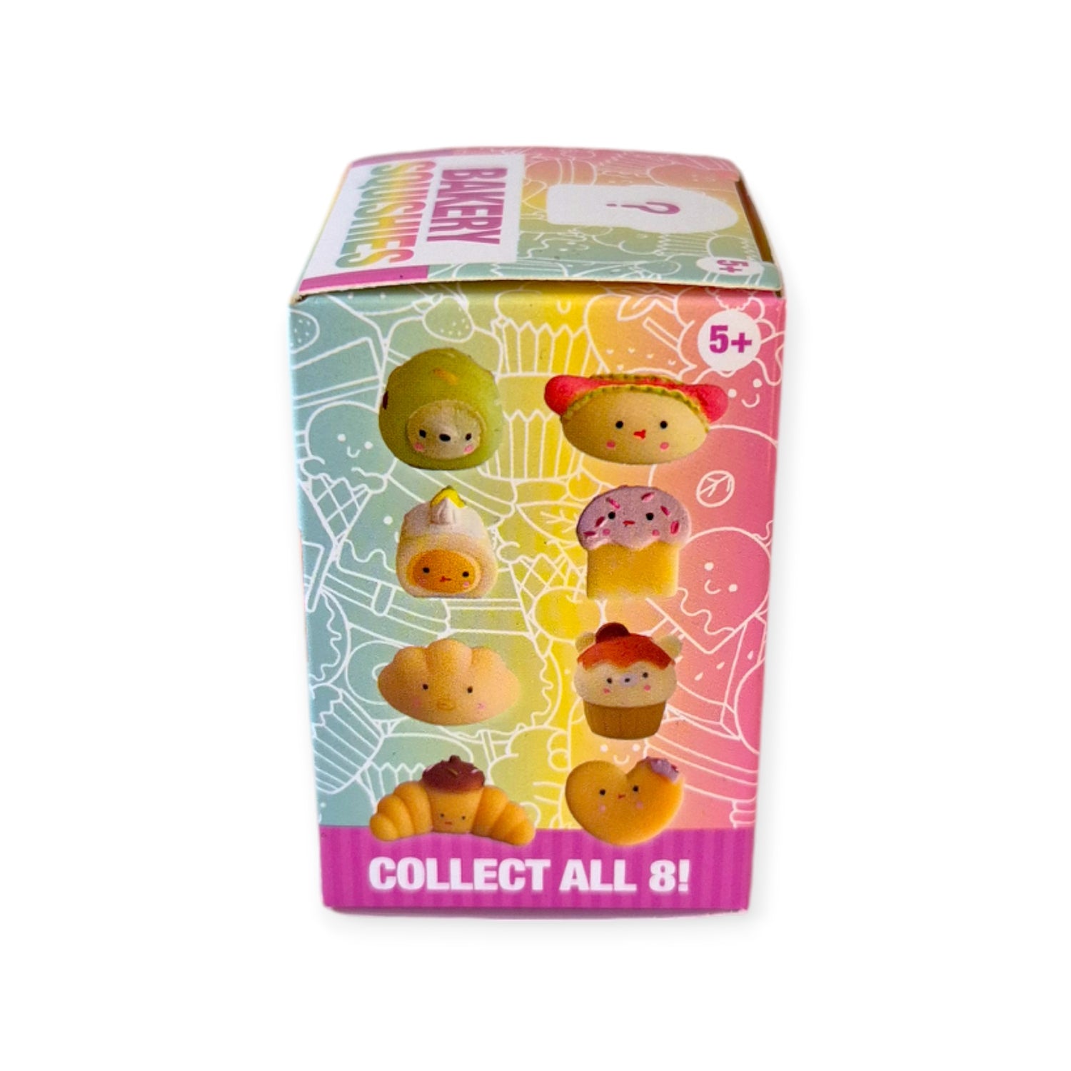 Introducing the Yell Bakery Squishies Mini Blind Box, a vibrant collection of mini blind boxes showcasing charming cartoon bakery characters. Each box features adorable bakery squishies designed for stress relief and fun. With "Collect All 8!" proudly displayed, these delightful collectibles are recommended for ages 5 and up and are sure to captivate young fans.