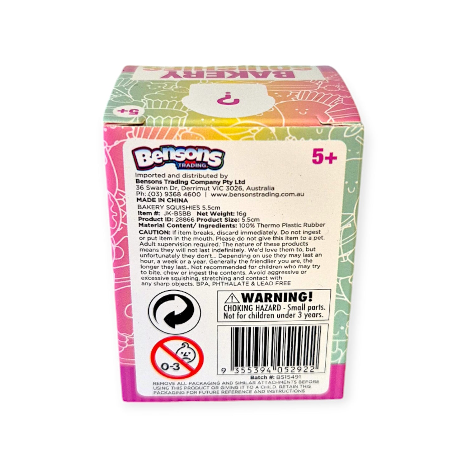 Explore Yell's Bakery Squishies Mini Blind Box, ideal for easing stress and crafted for children aged 5 and above. This playful set includes delightful squishy toys resembling bakery items, complete with product safety details, a charming question mark on the lid, and a cautionary note on small parts.