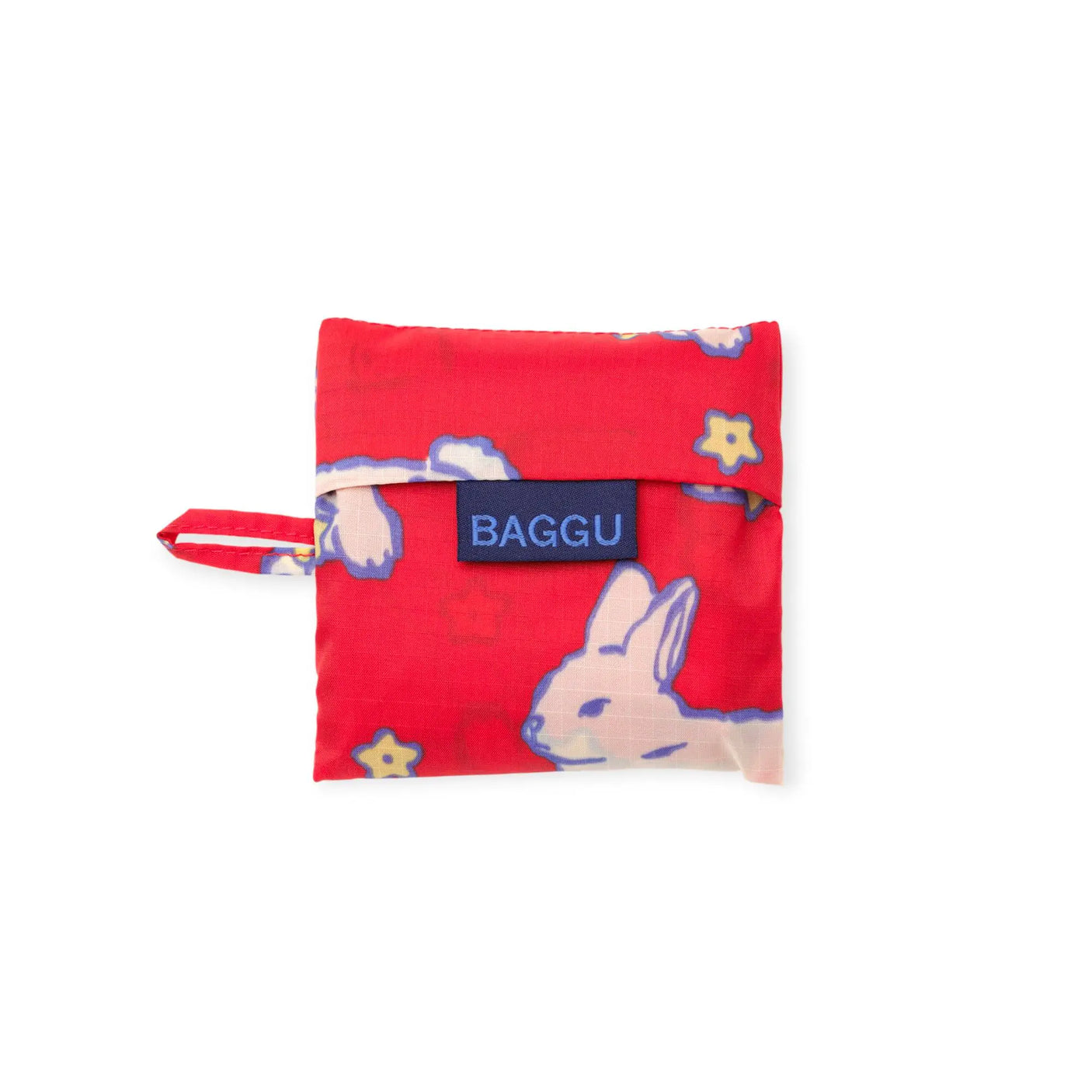 Red compact baby Baggu bag with bunny print and fabric label clasp