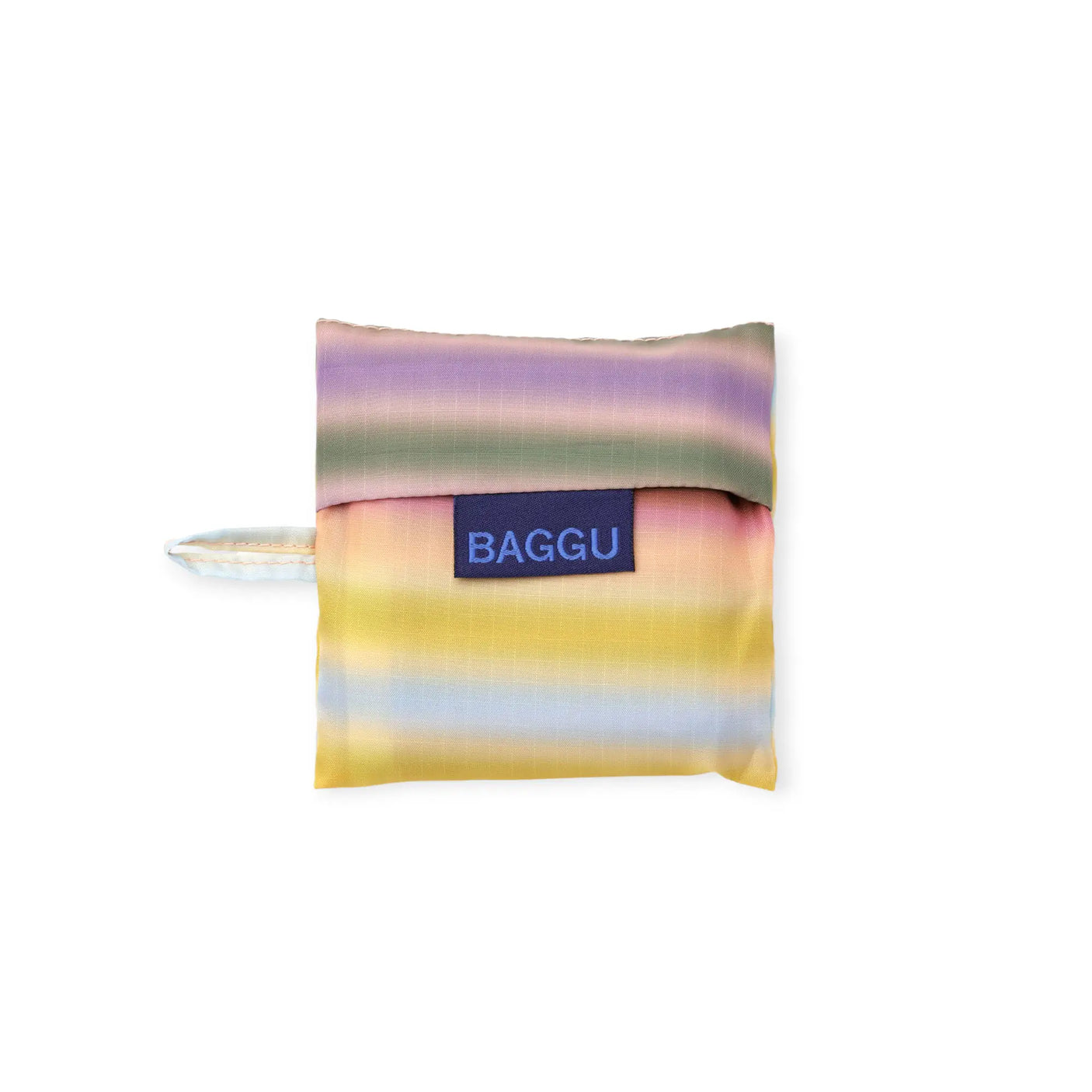 Folded Baggu baby bag pouch, gradient stripe fabric with BAGGU label