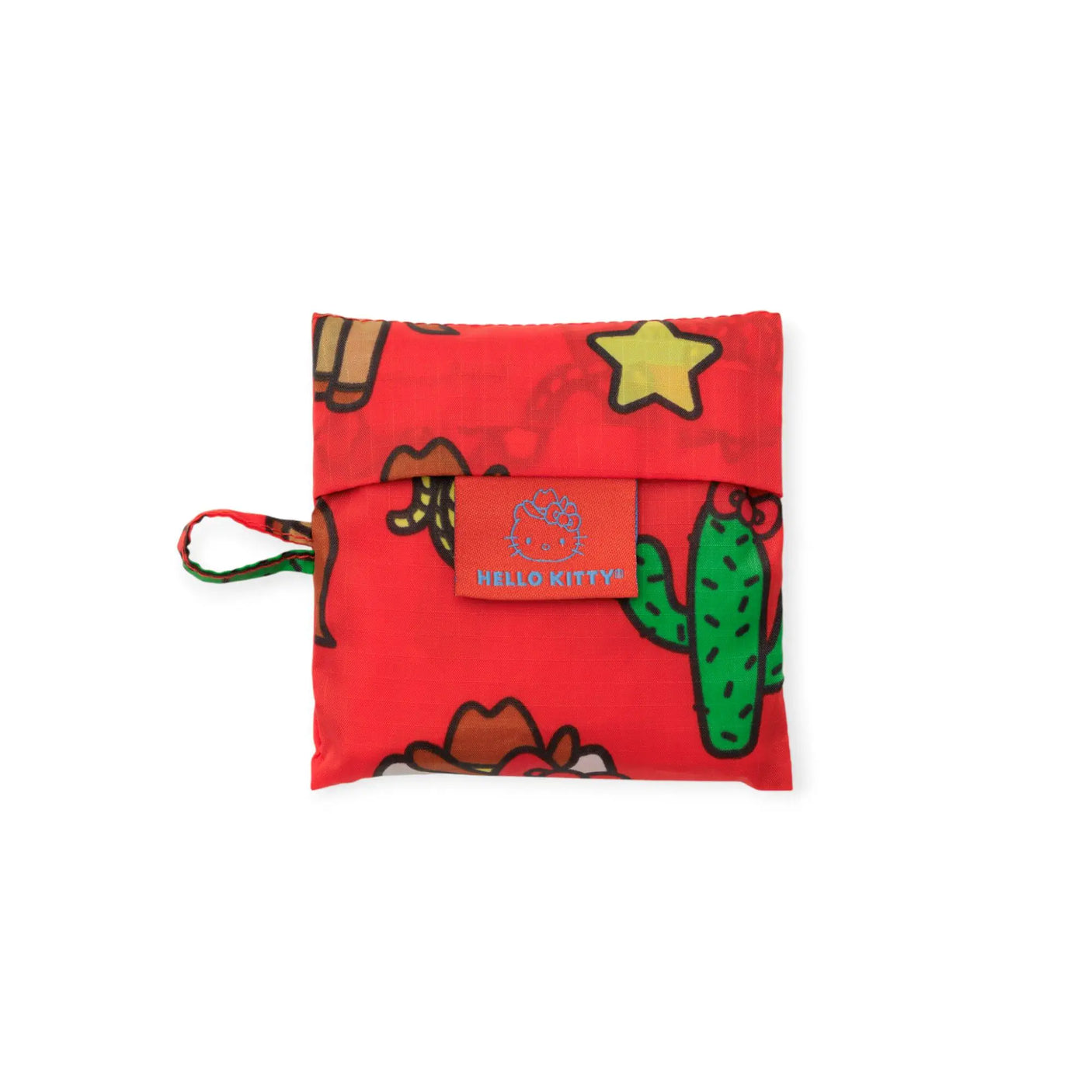 Folded red baby Baggu pouch bag with Hello Kitty label tag and strap