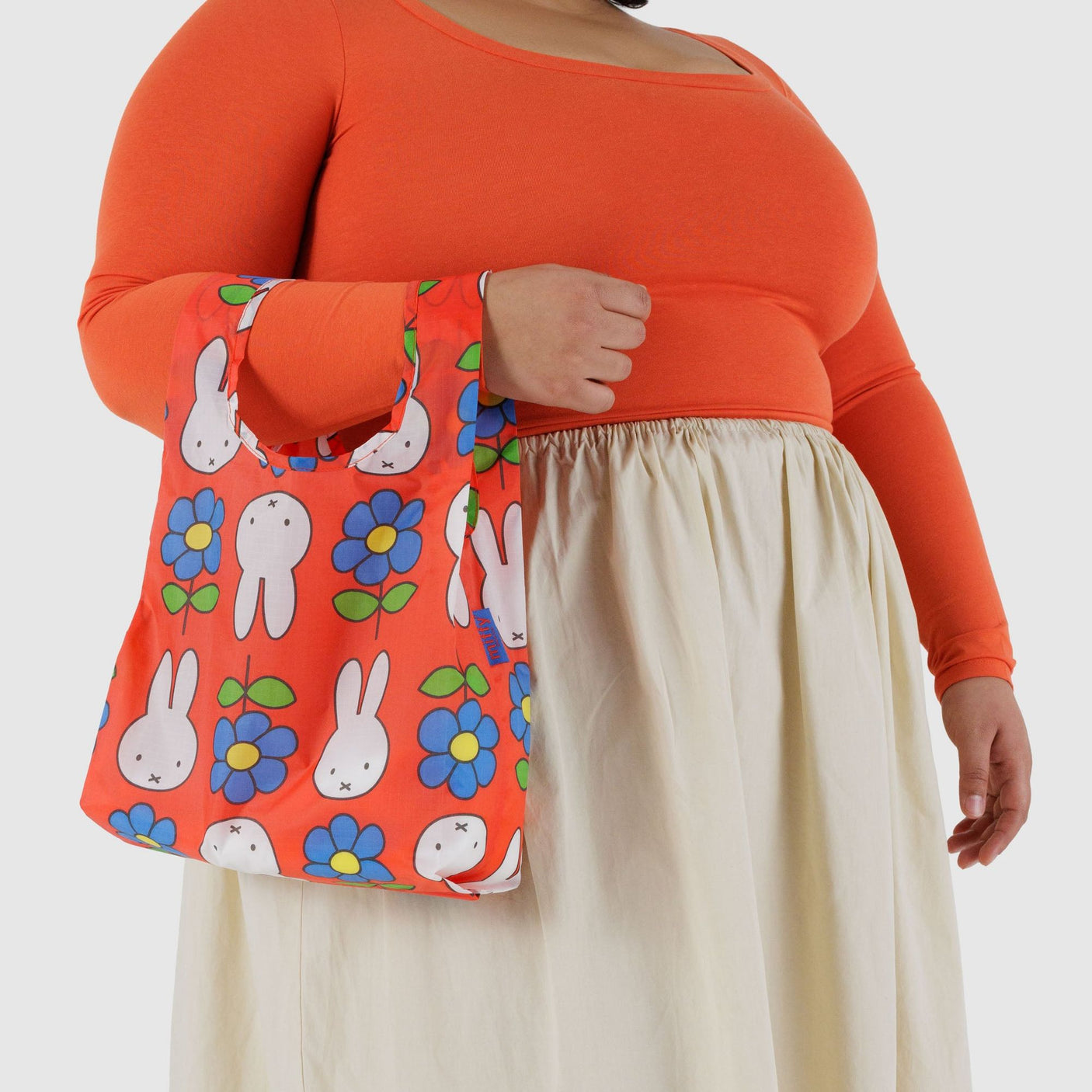 Baby tote bag with red Miffy rabbit and blue flower print, open top