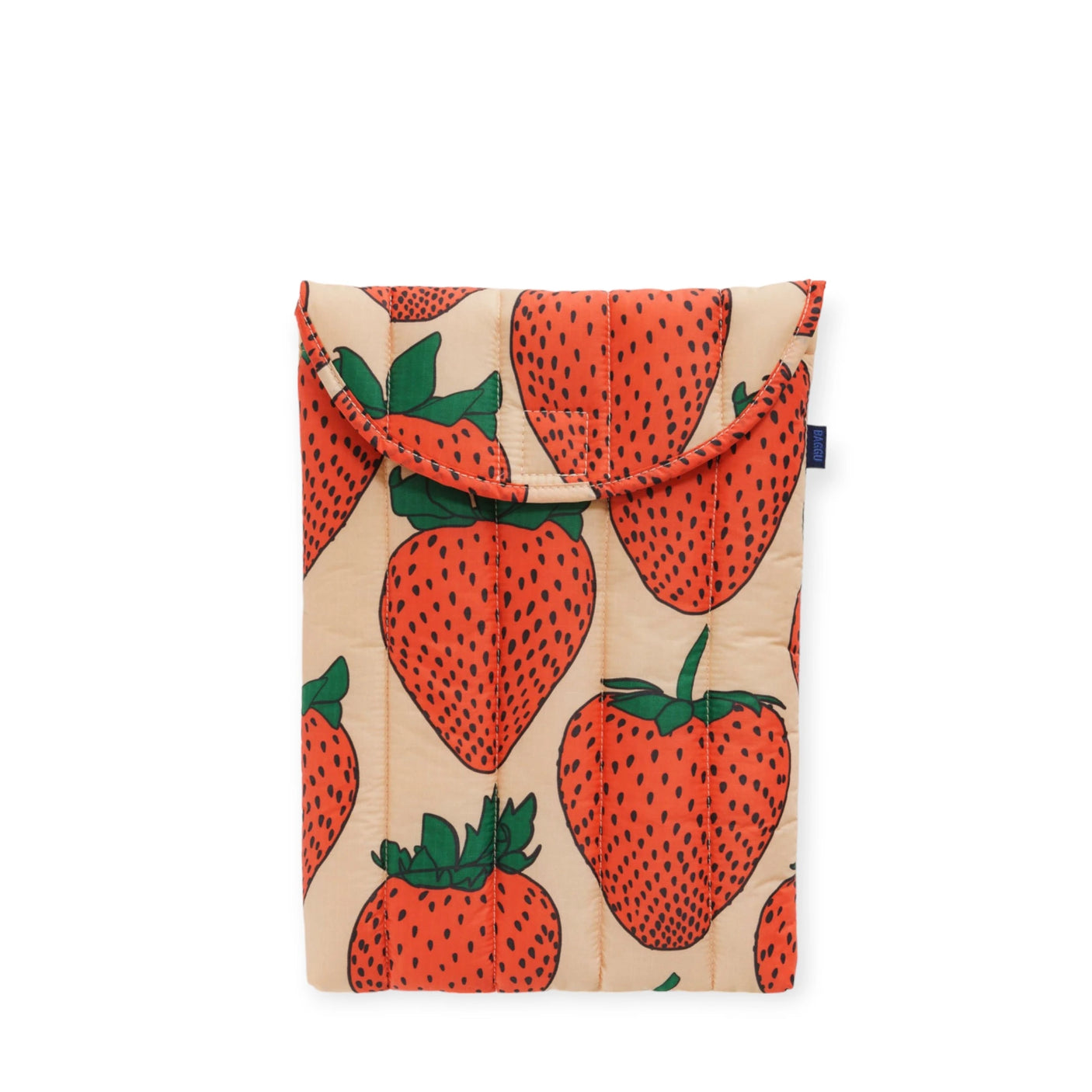 Product: Baggu Puffy Laptop Sleeve 13"/14" - Strawberry by Baggu
Description: A puffy laptop sleeve showcasing a strawberry print design, with red strawberries and green leaves against a beige background.