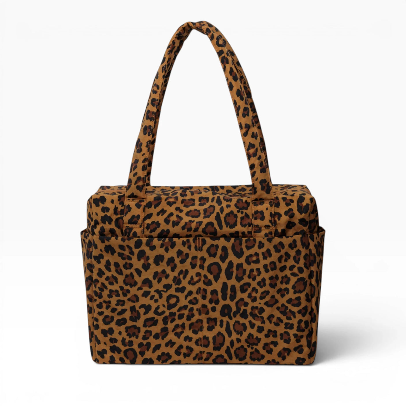 Leopard print tote bag with two top handles and structured rectangular shape