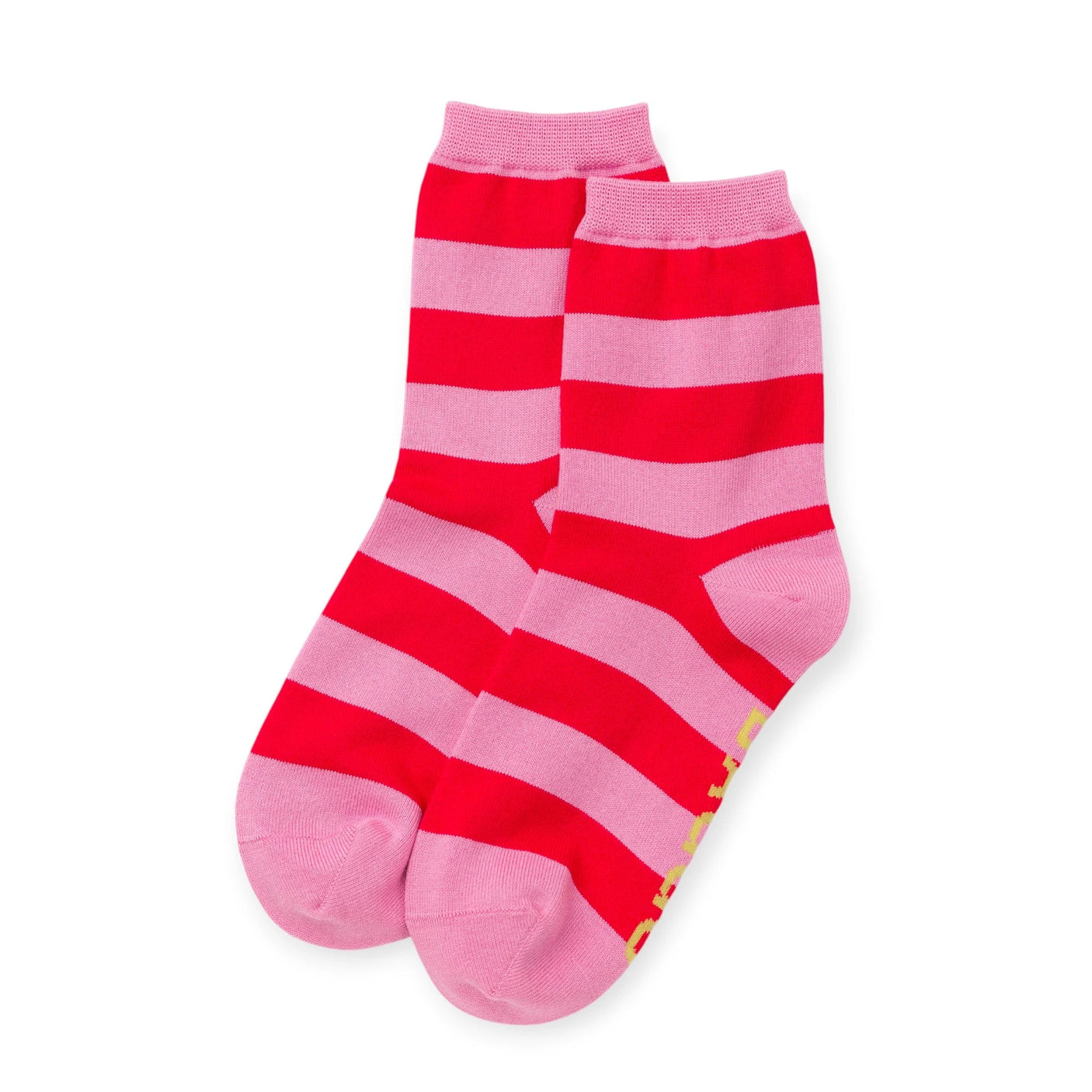 Pink and red striped crew socks, ribbed cuffs and rounded toe