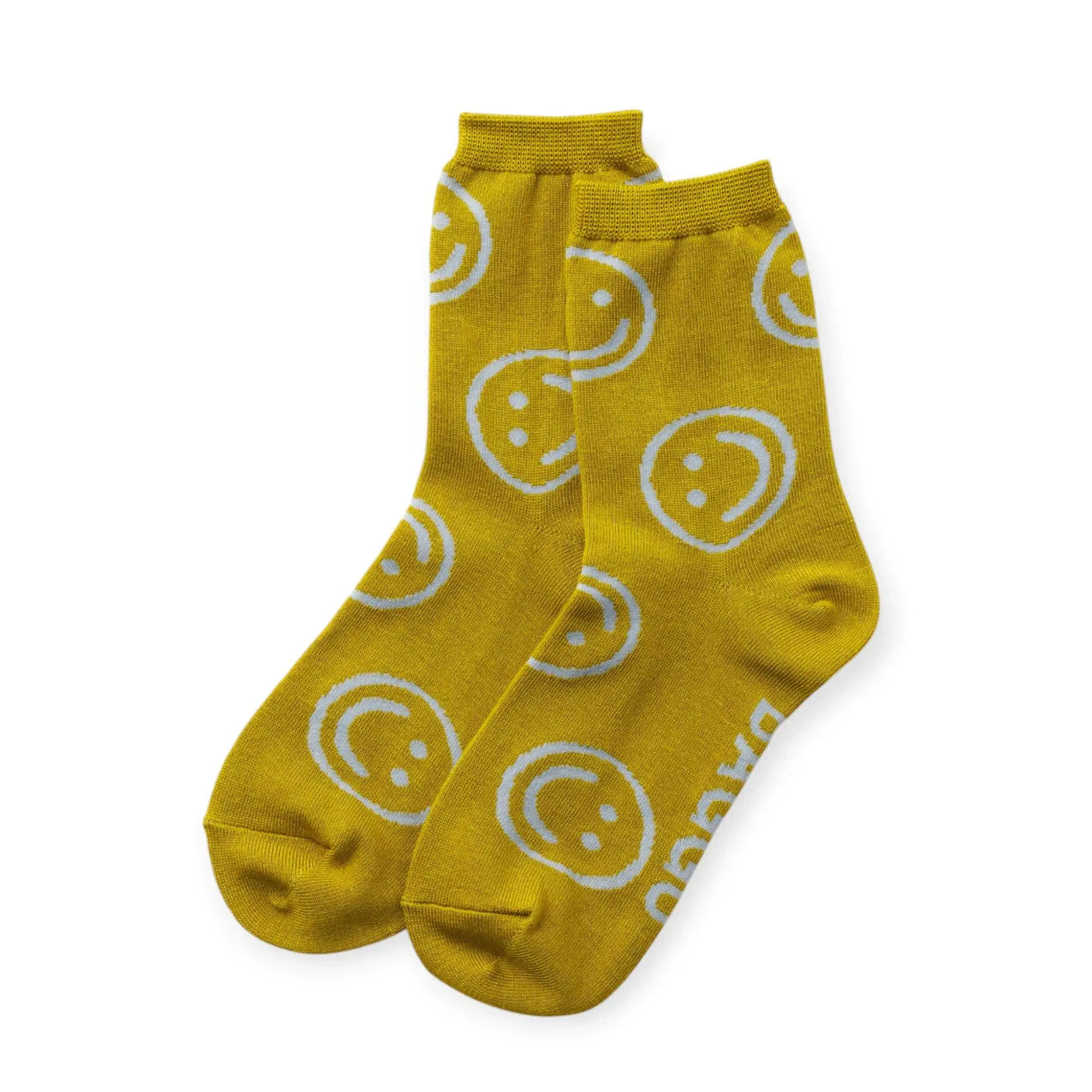 Ochre crew socks with yellow smiley face pattern, ribbed cuffs
