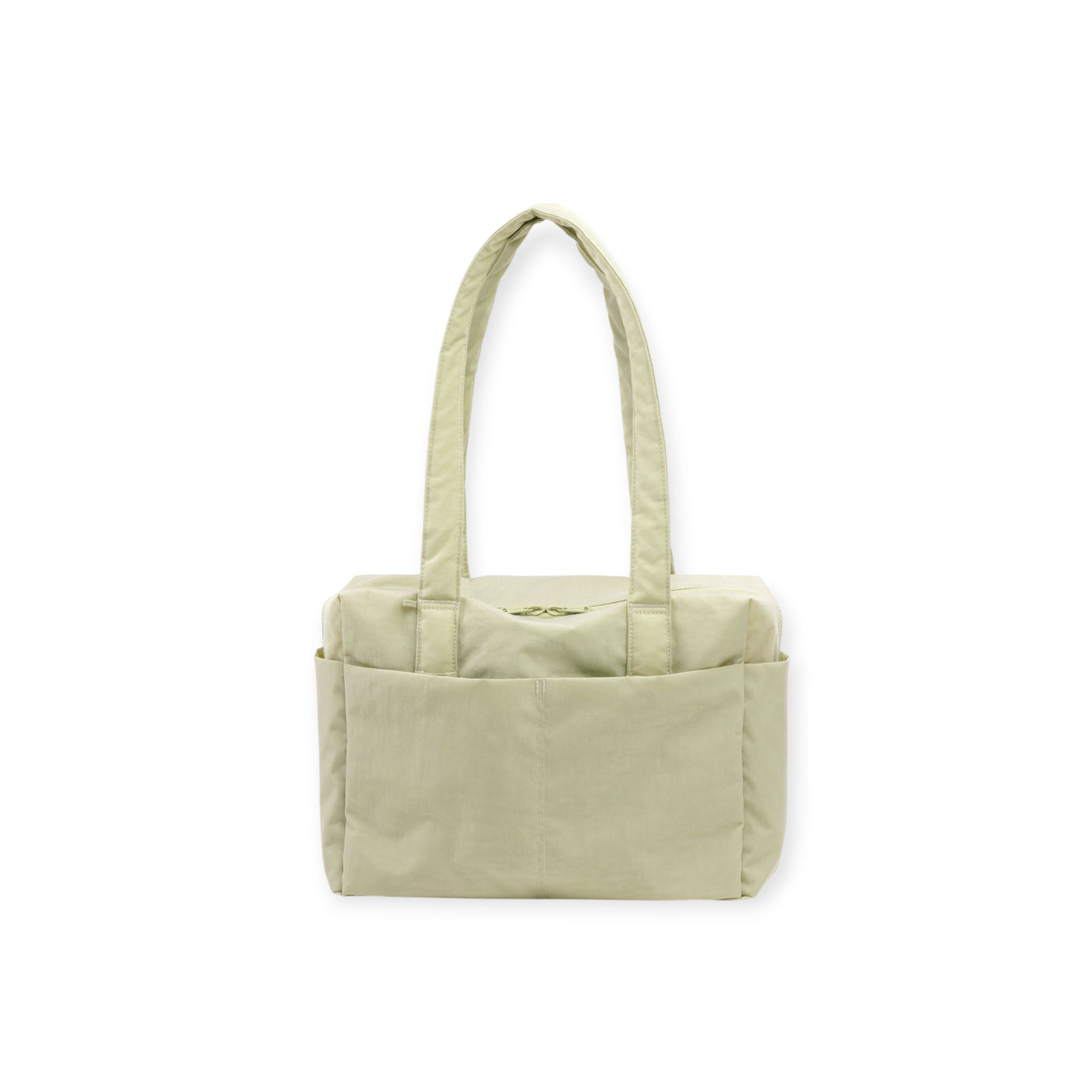 Light beige rectangular tote bag with two shoulder straps and an exterior slip pocket on white background
