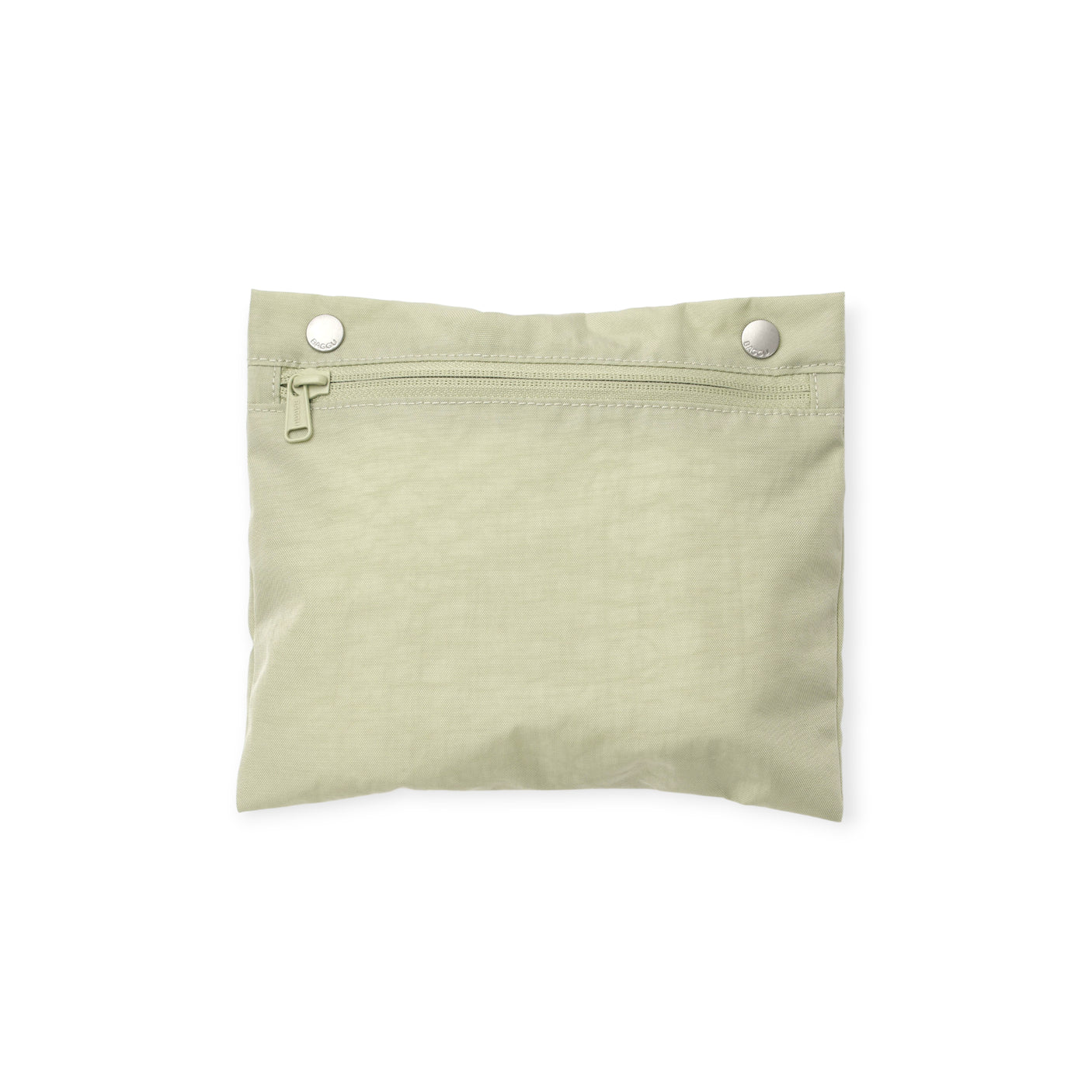 Light beige fabric pouch with zipper closure and two silver snap buttons on plain white background