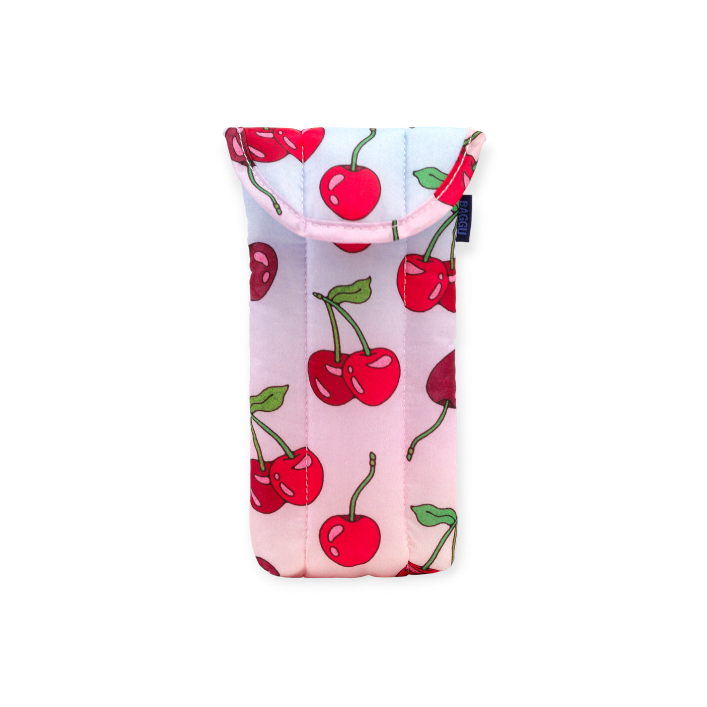 Padded fabric eyeglass sleeve with bright red cherries and green leaves on white and light pink background