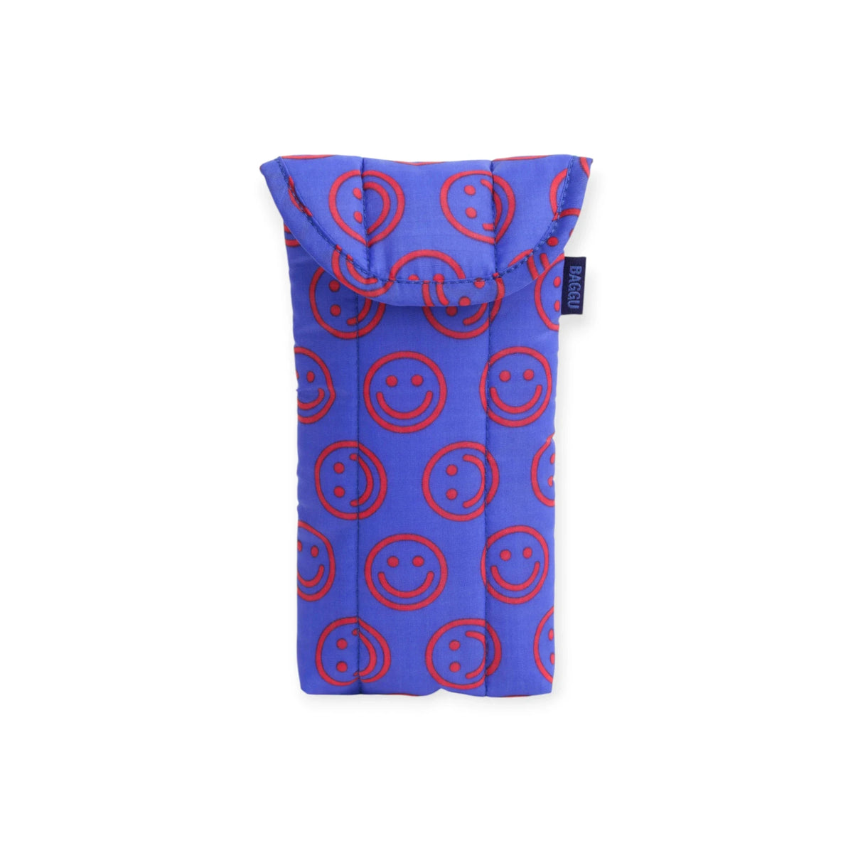 Mini puffy glasses case, cobalt blue with red smiley face pattern pouch