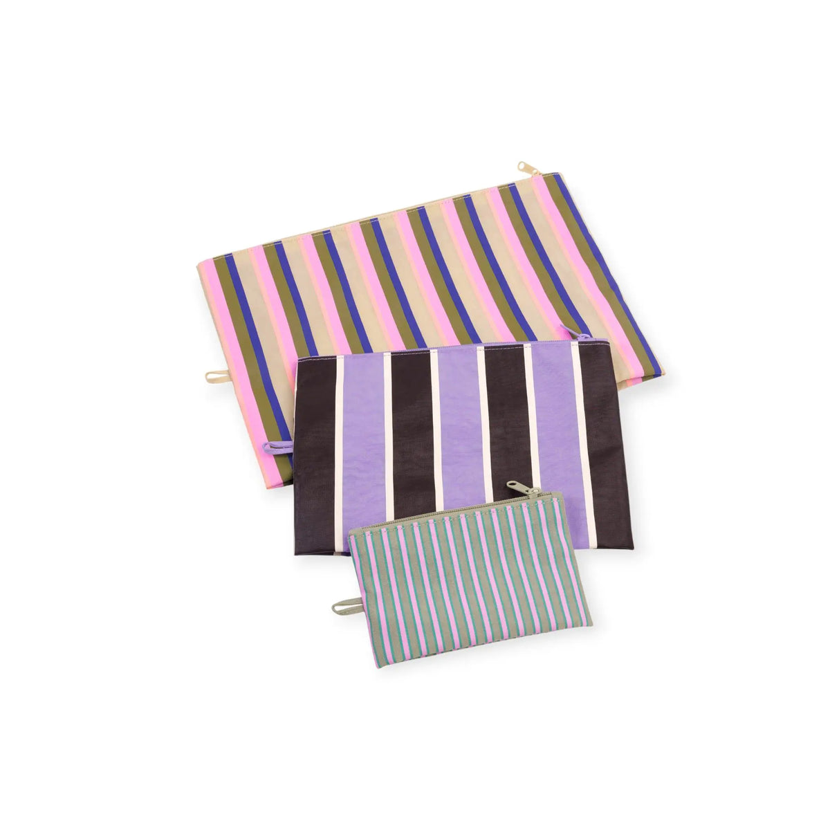 Stacked striped zip pouches set in pastel pink, purple, and black stripes.