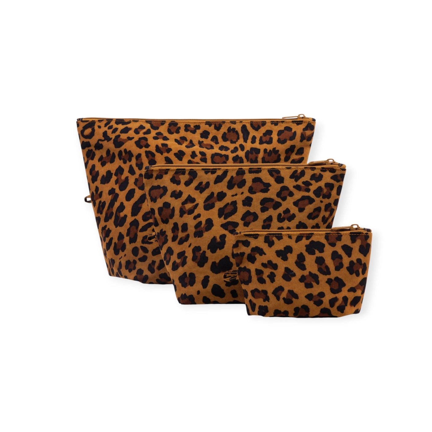 Leopard-print zippered pouches set with three nested sizes and small pouch in front