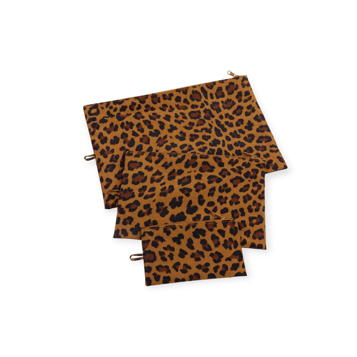 Leopard-print zippered pouches set with three nested pouches, flat display