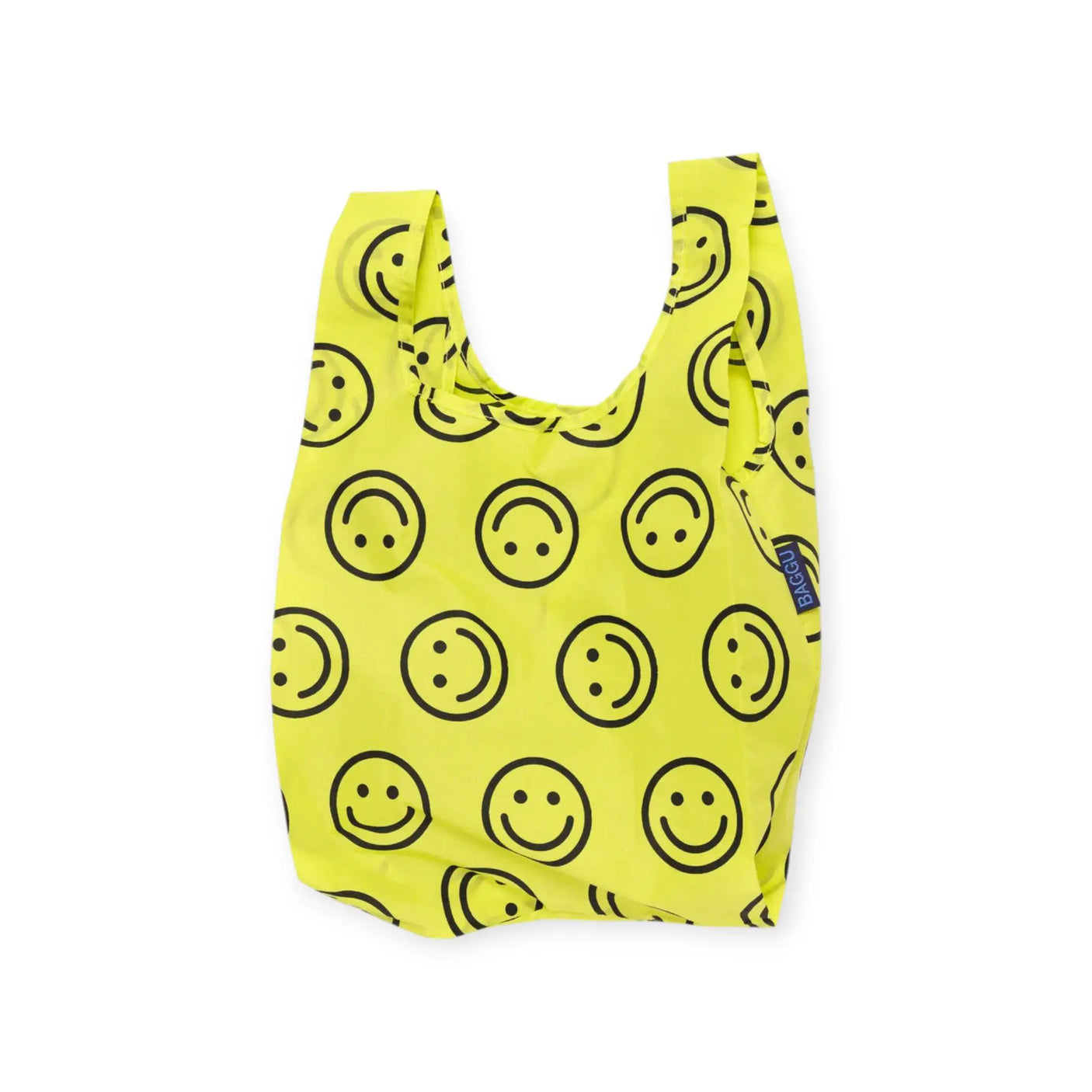Yellow smiley-face Baby Baggu bag with short handles, reusable tote style