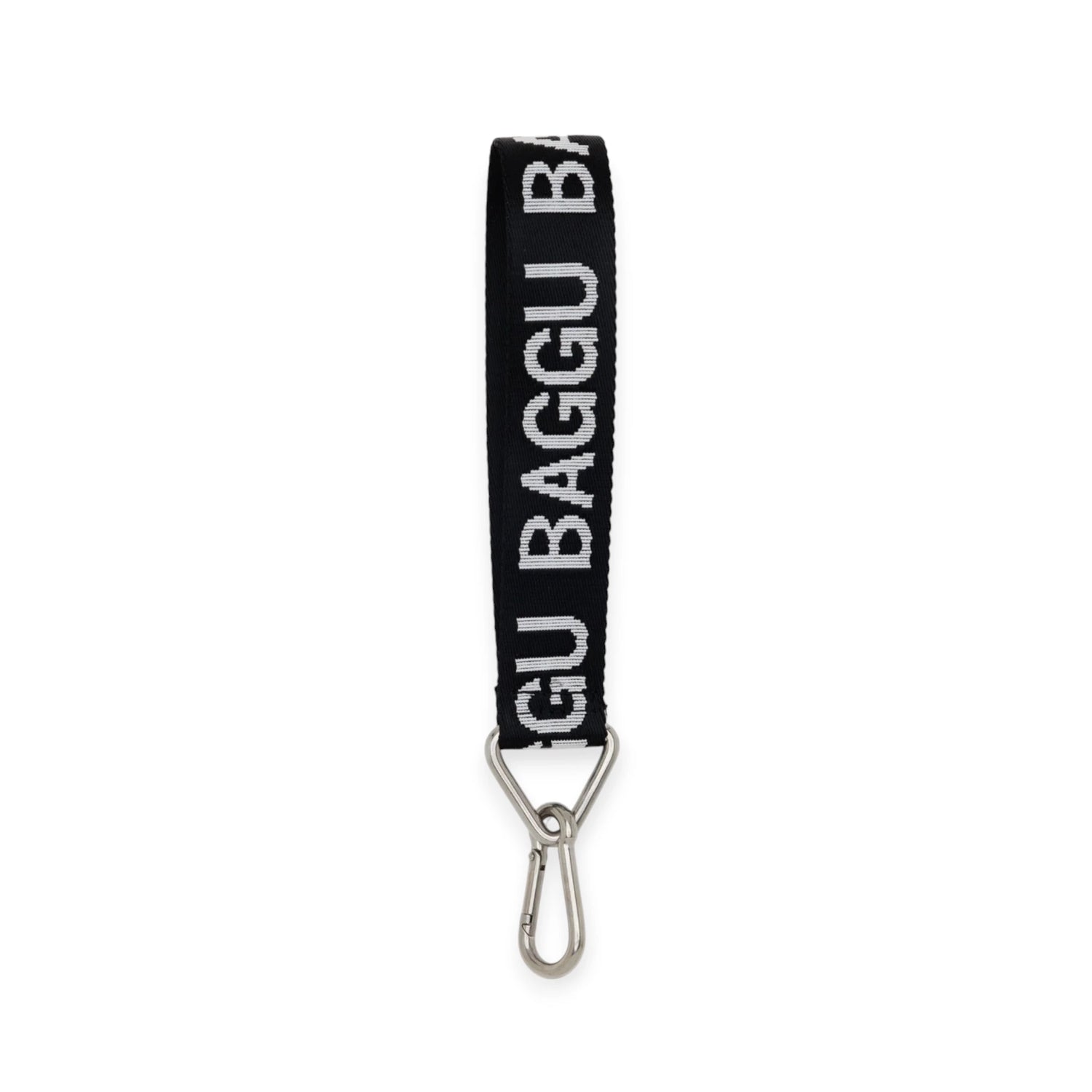 Introducing the Baggu Logo Keychain in Peony, featuring a chic black strap made from recycled nylon webbing with "BAGGU" in white. A durable silver metal clip at the bottom ensures secure and stylish attachment for your essentials.