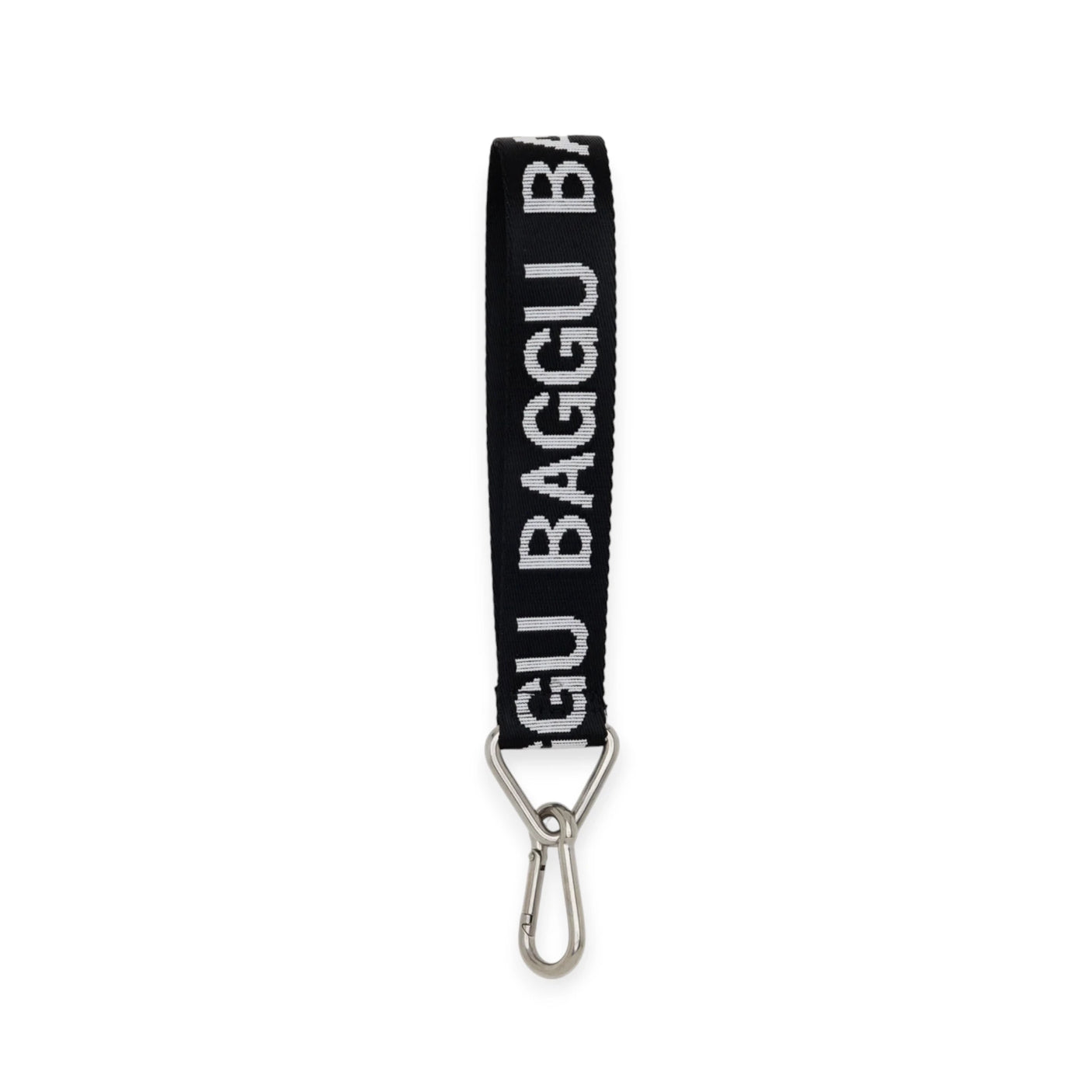 Introducing the Baggu Logo Keychain in Peony, featuring a chic black strap made from recycled nylon webbing with "BAGGU" in white. A durable silver metal clip at the bottom ensures secure and stylish attachment for your essentials.