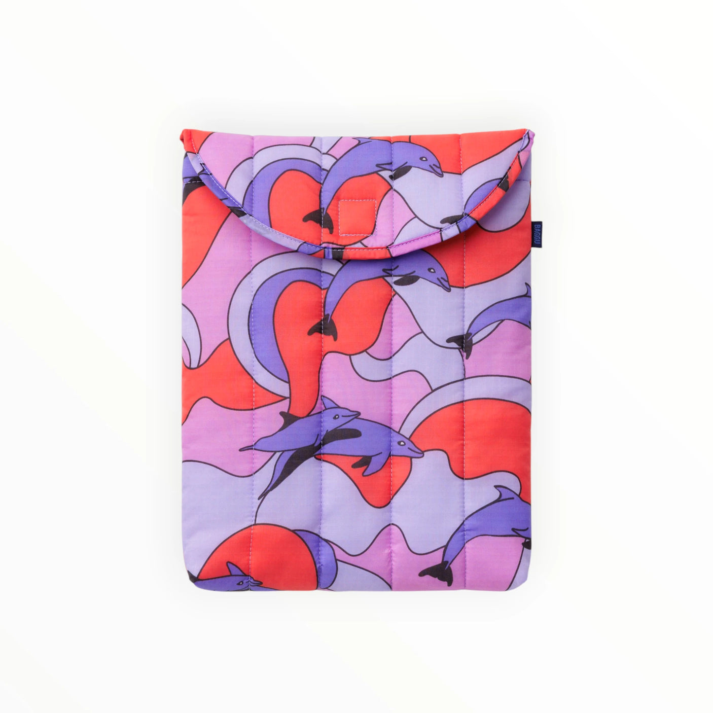 13–14 in puffy laptop case with dolphin print, purple and orange with blue accents