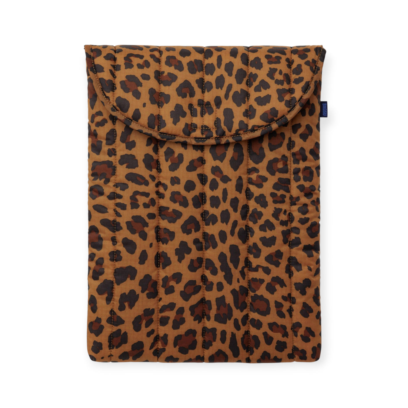 The Baggu Puffy Laptop Sleeve 13"/14" in leopard print features brown and black padding, a curved flap closure, and provides stylish protection for your laptop.