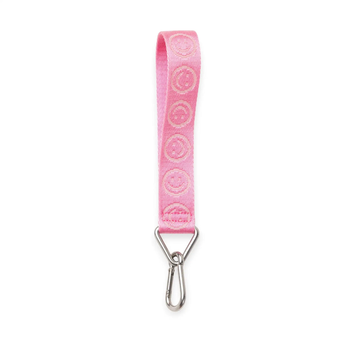 Pink logo keychain strap with repeating emblem pattern and metal clasp keyring