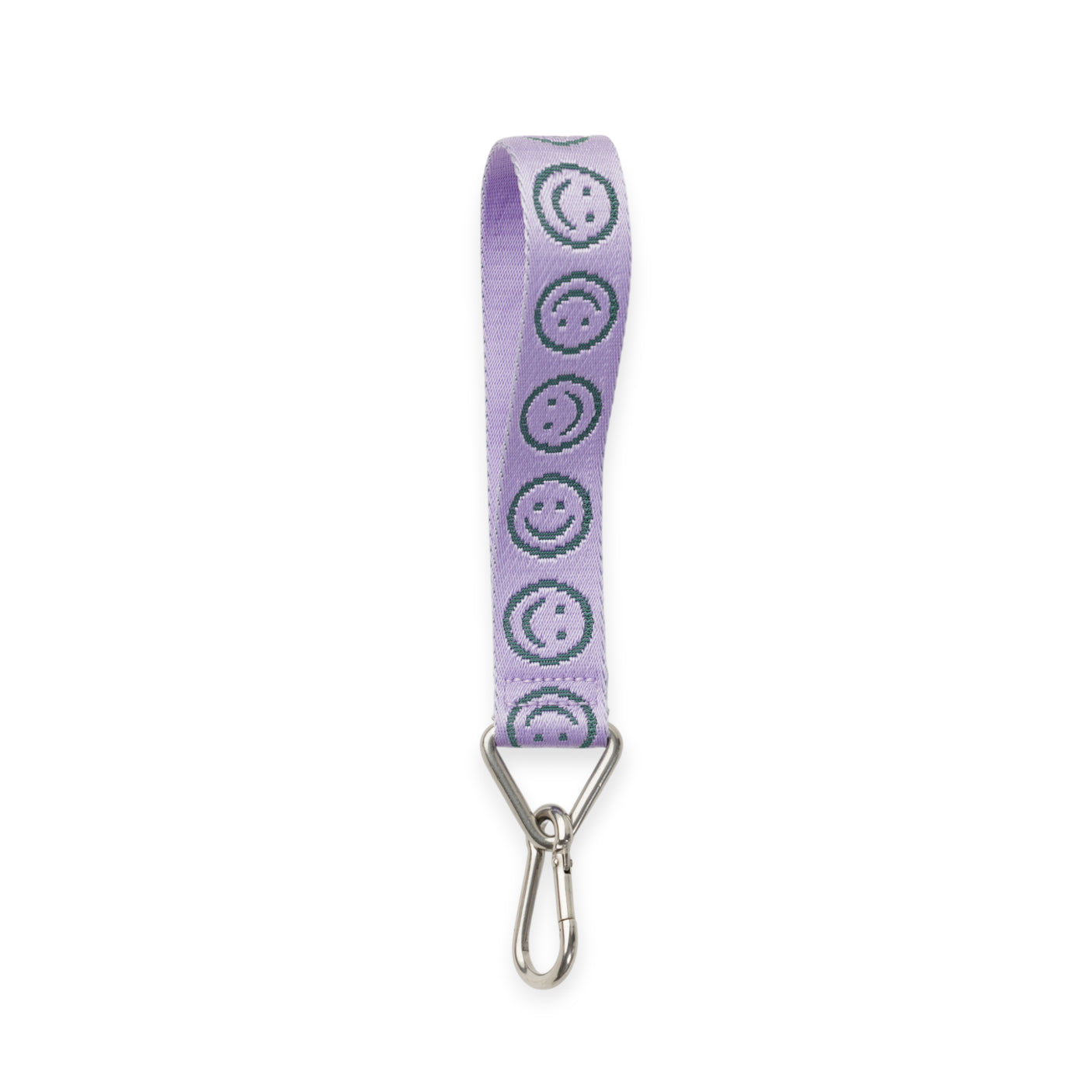 Lilac smiley logo keychain strap with silver hook clasp, vertical view