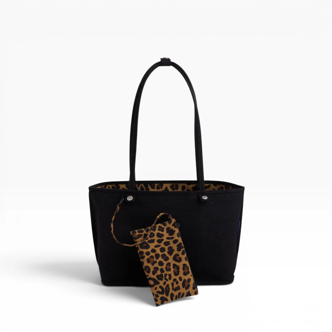Medium reversible tote bag, black with leopard print pouch and top handles