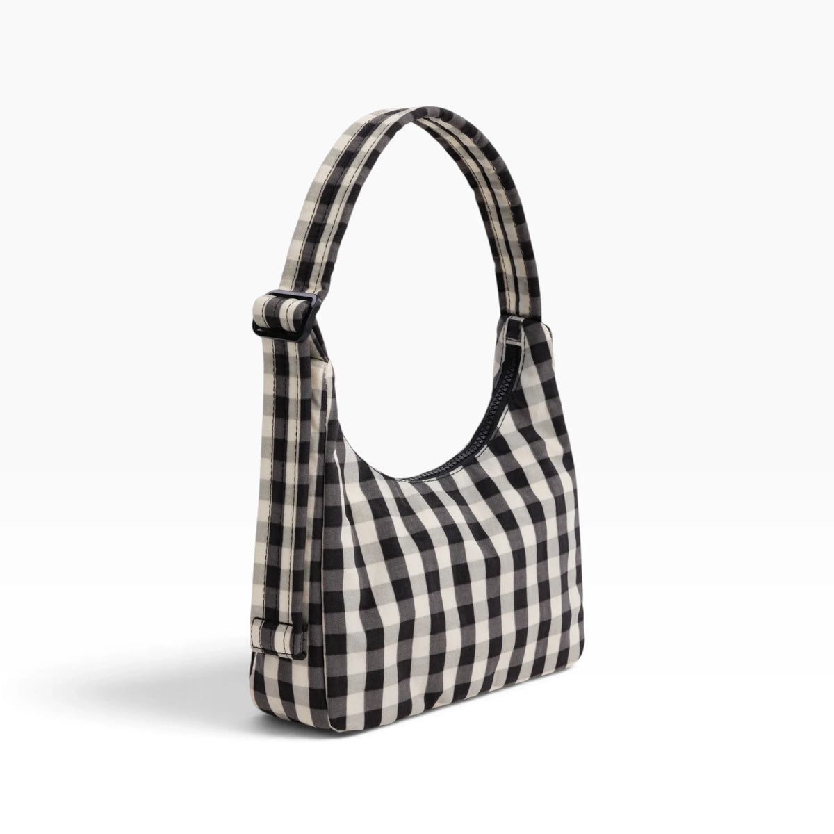 Black-and-cream gingham mini shoulder bag with top handle and zippered opening
