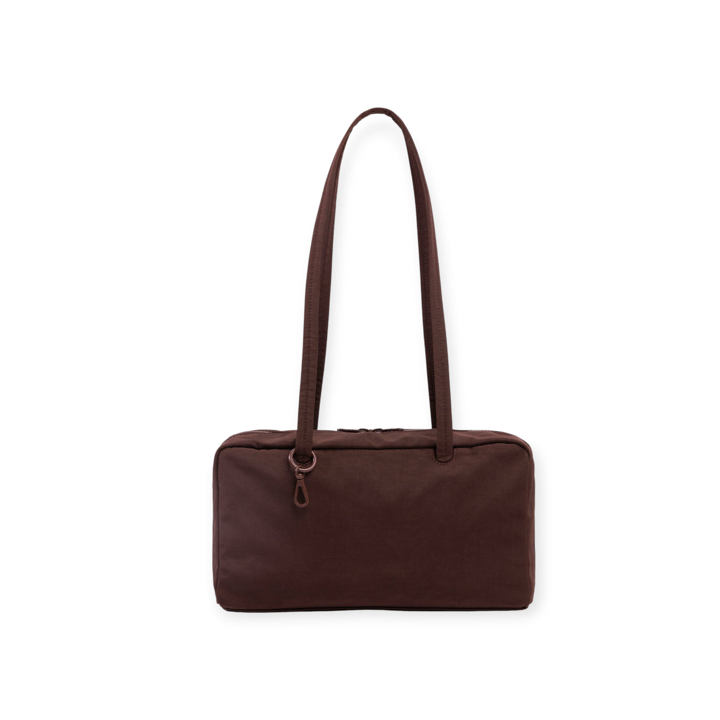 Rectangular chocolate brown fabric shoulder bag with slim handles and zipper closure on white background