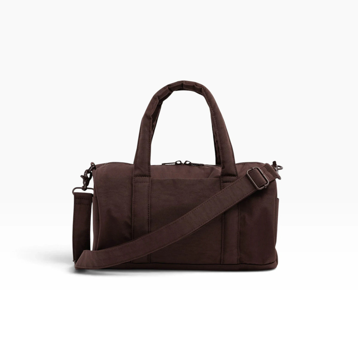 Coffee-brown nylon duffle bag with front crossbody strap and zip closure