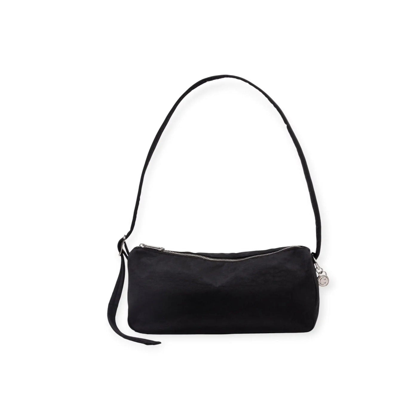 Black nylon shoulder bag with long strap, front zip pocket, and small metal ring