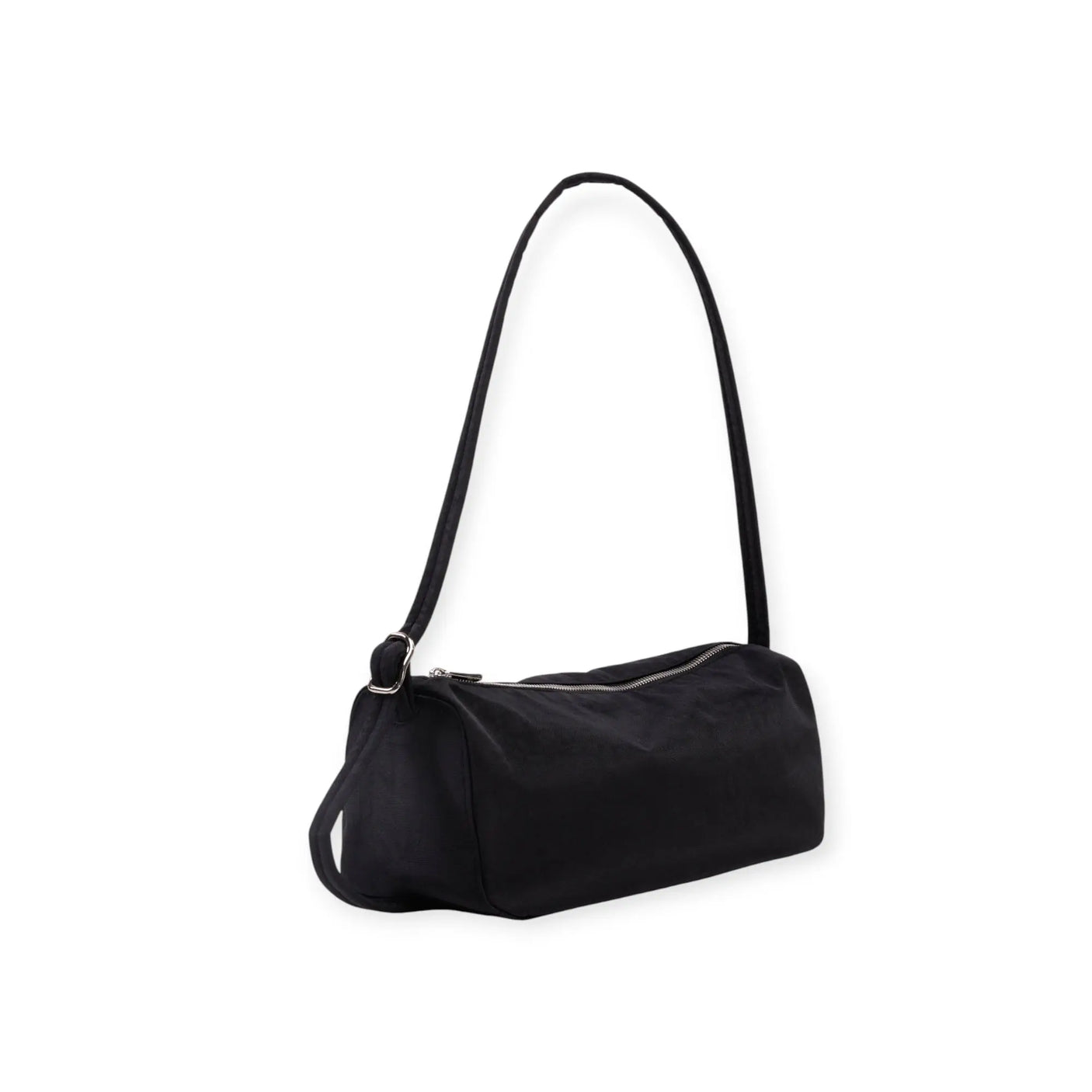 Black nylon shoulder bag with long strap and rounded top handle, zip closure