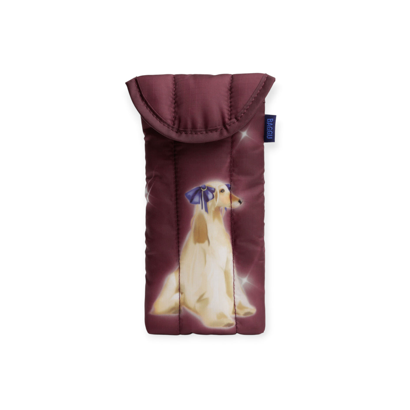 Padded maroon glasses sleeve featuring an elegant dog with a blue bow and a blue Baggu label on the side