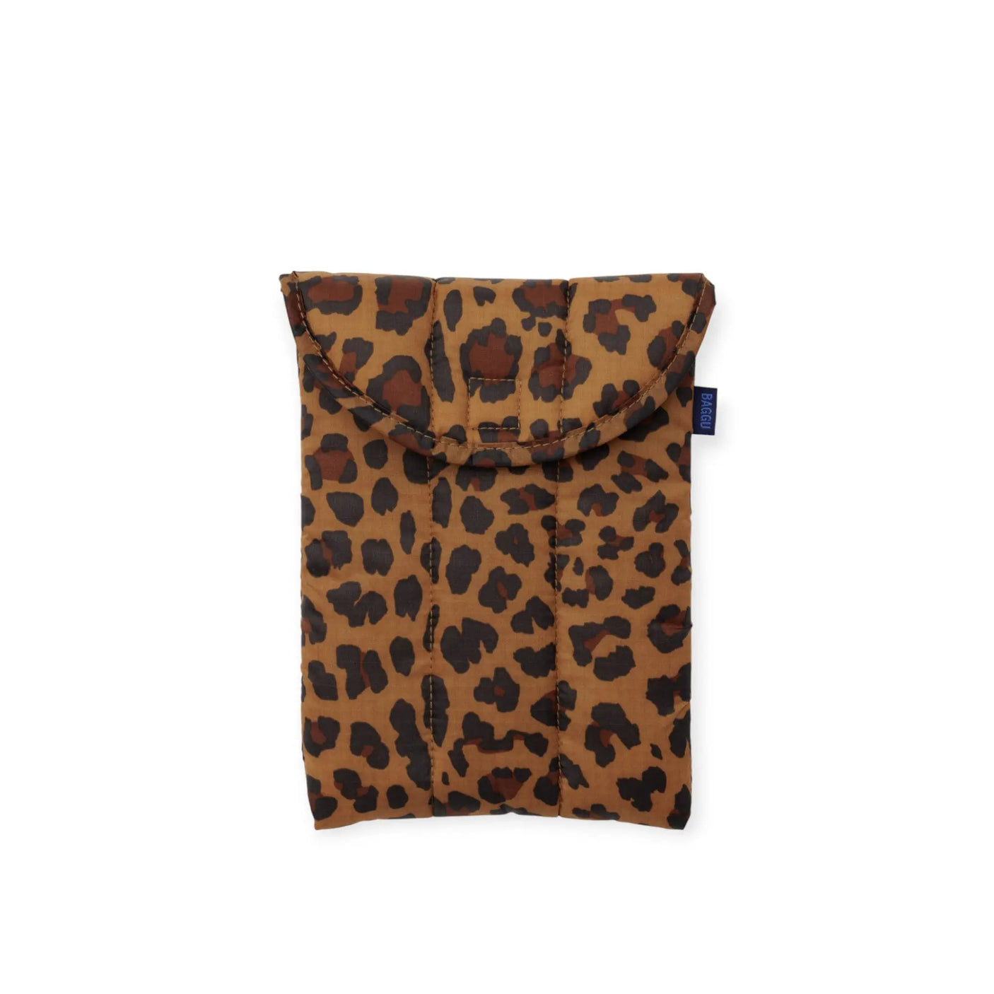 Leopard-print puffy tablet case with folded top flap and black button