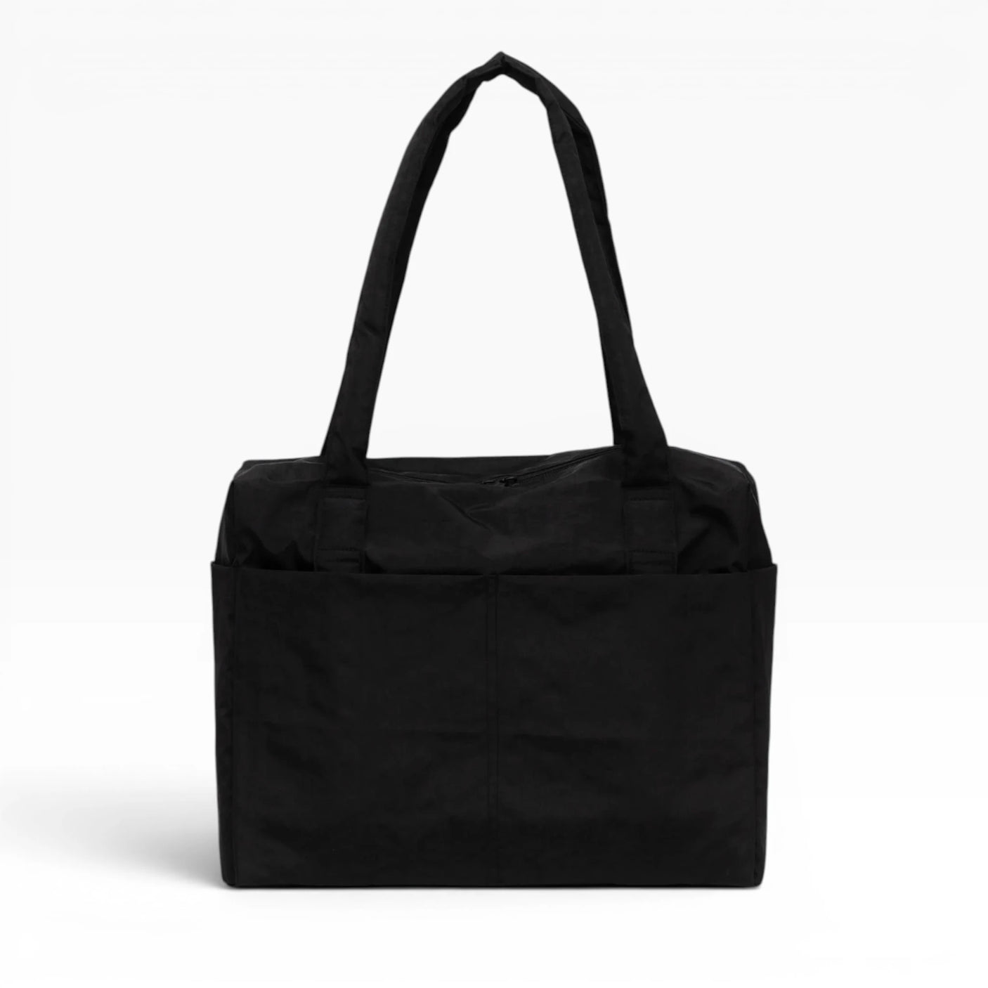 Black tote carry-on bag with reinforced handles and zippered front pocket