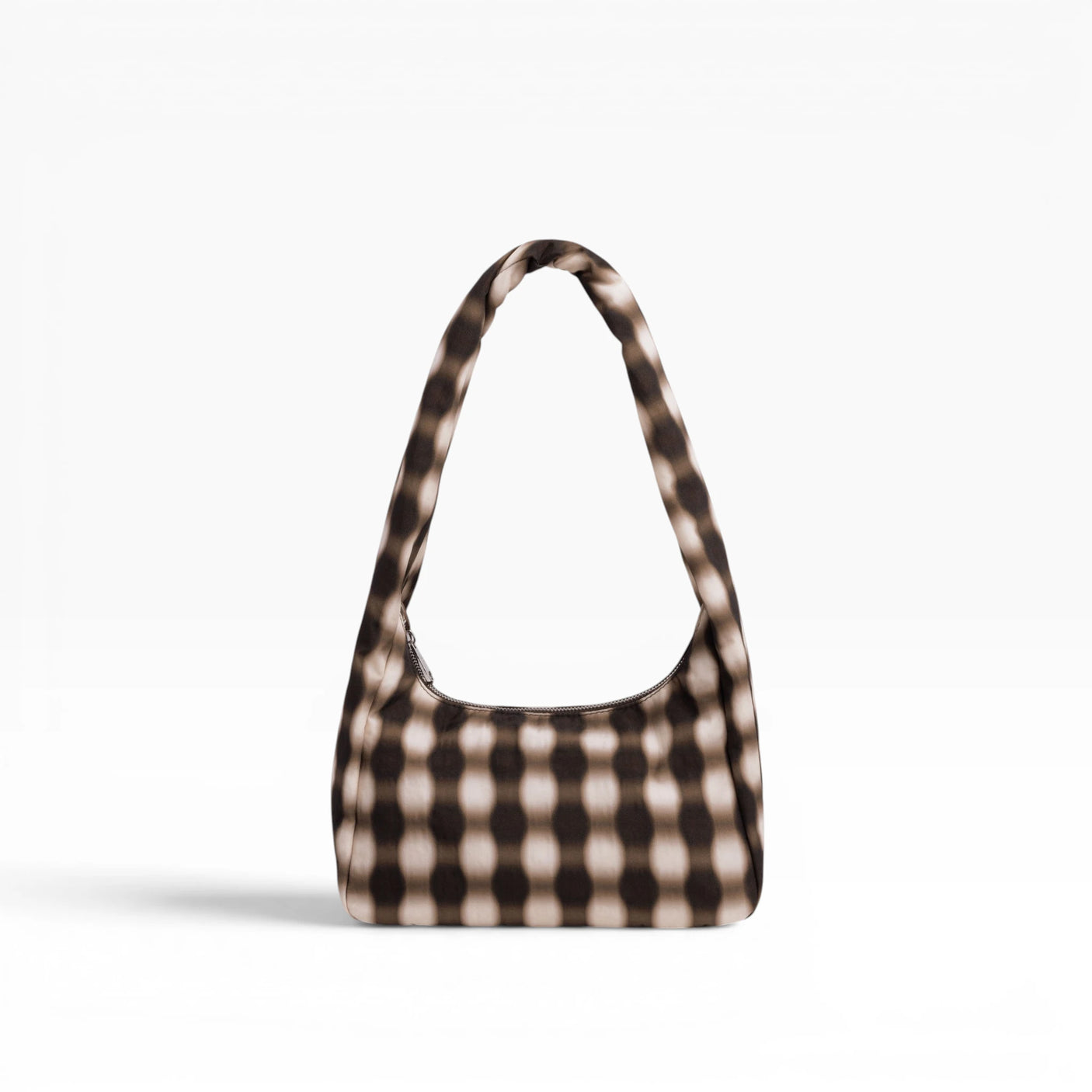 Small nylon shoulder bag with blurred brown gingham pattern and top handle