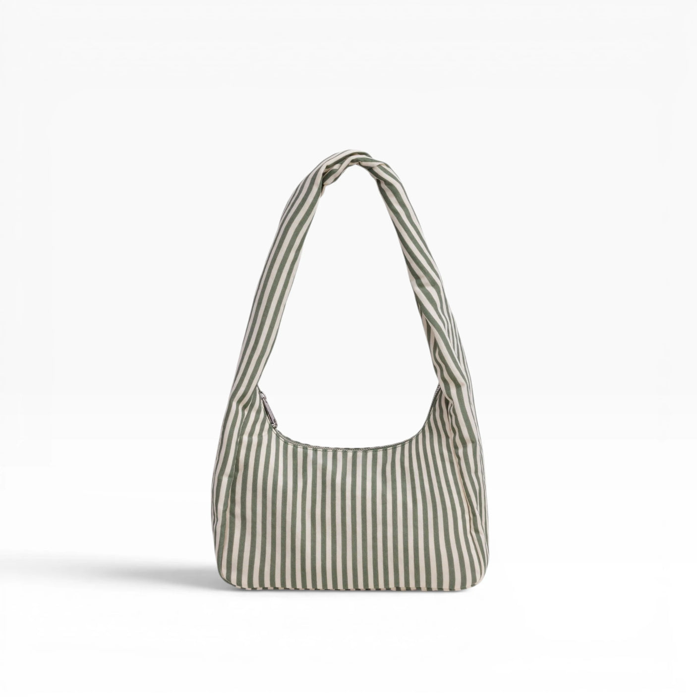 Small striped nylon hobo bag with two top handles, sage green and white vertical stripes