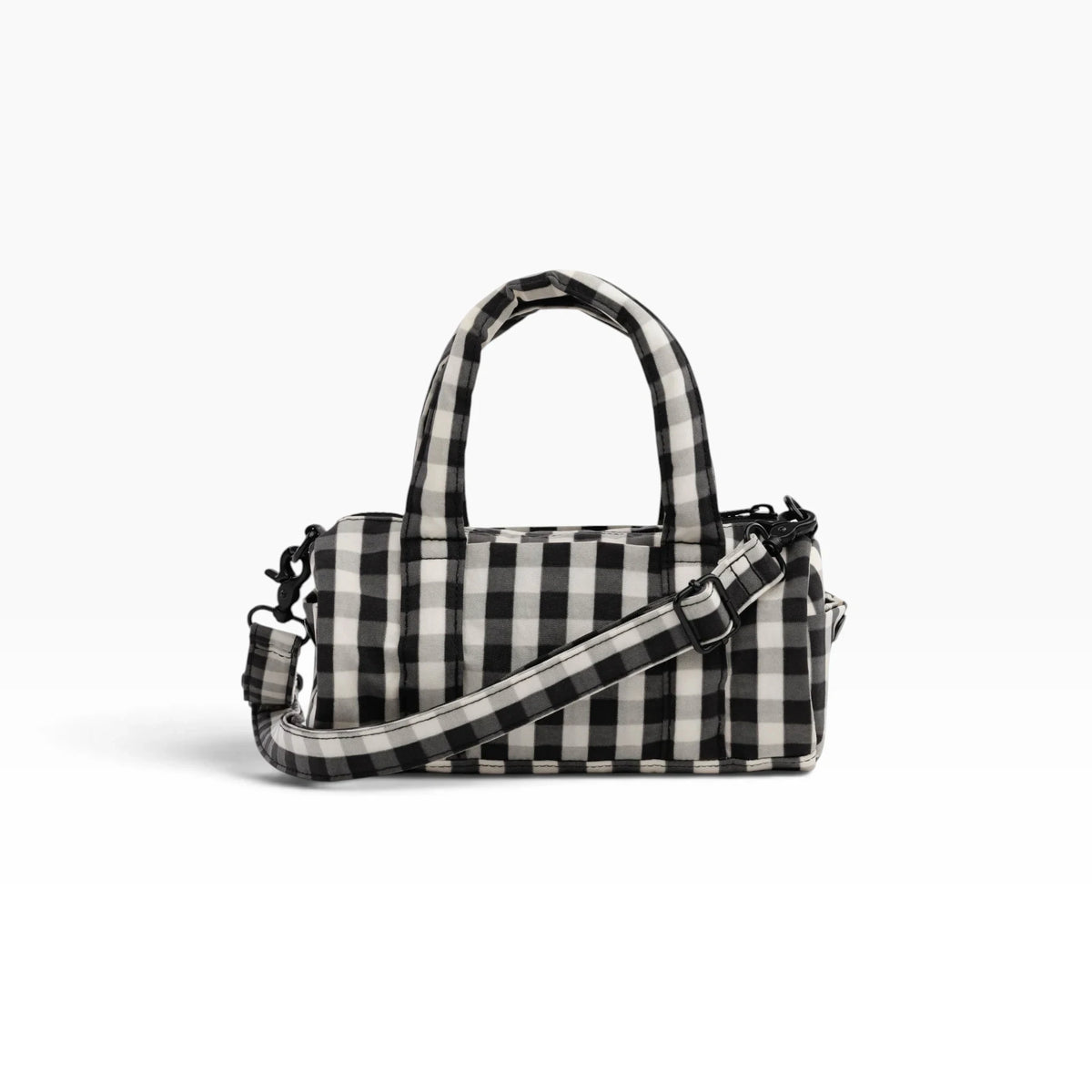 Small nylon duffle bag, black-and-cream gingham, top handle and side strap