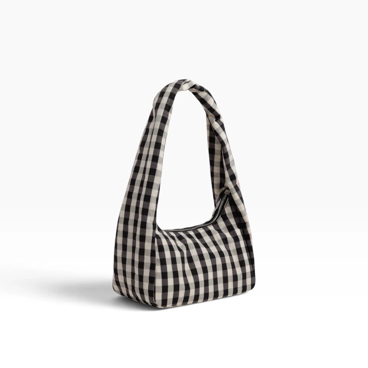 Baggu small nylon meringue bag, black and cream gingham with top handle