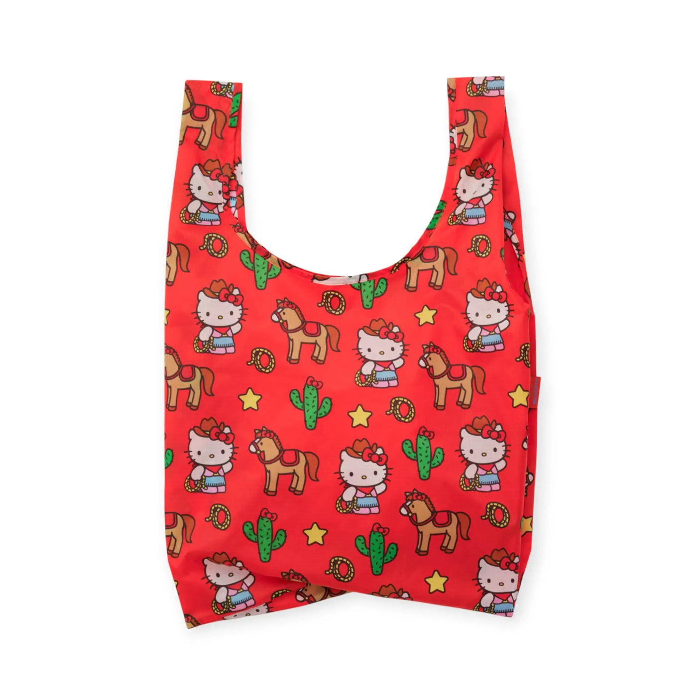 Red Hello Kitty western print reusable tote bag with cactus and star motifs