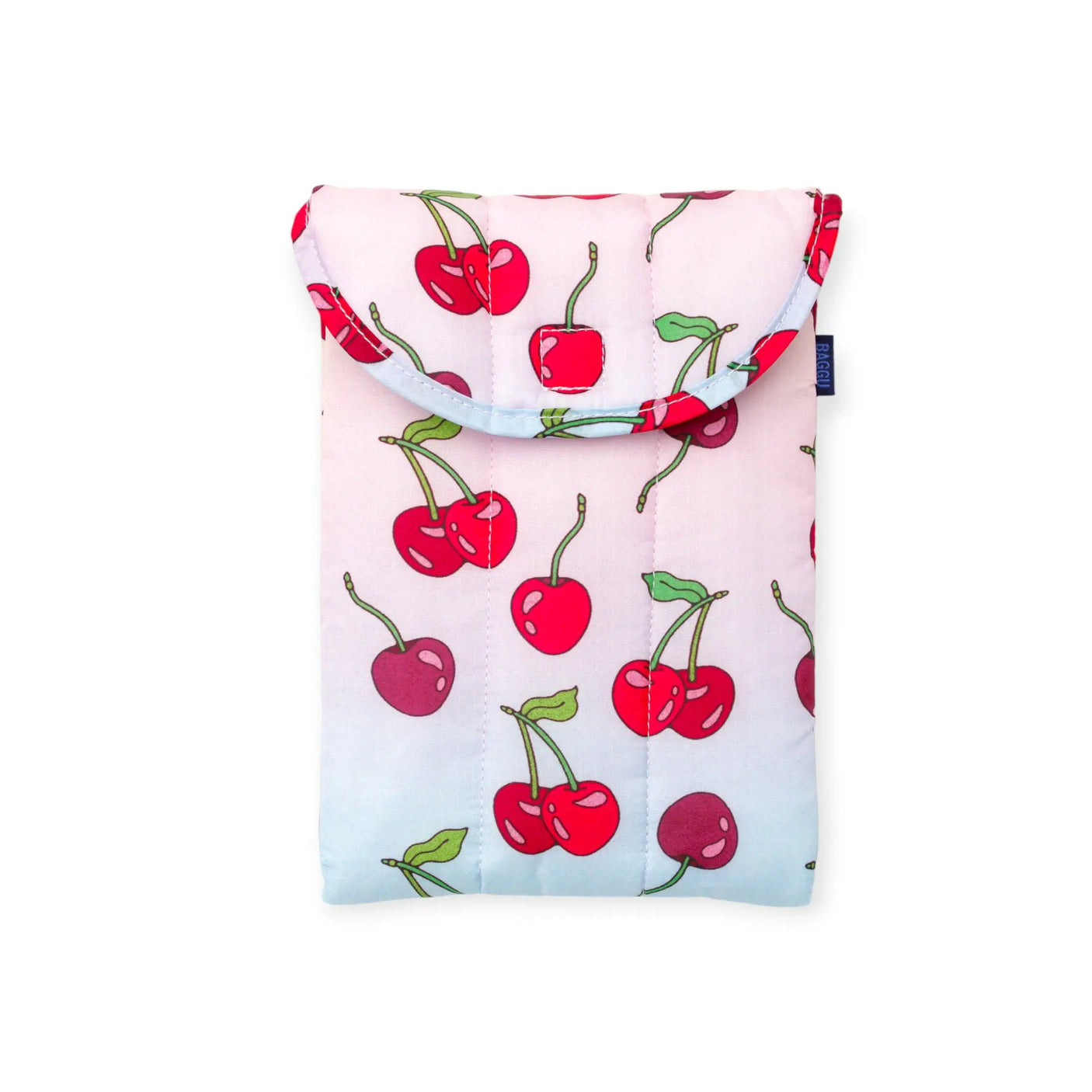 Puffy 8-inch tablet case with red cherries print on light blue fabric, padded top