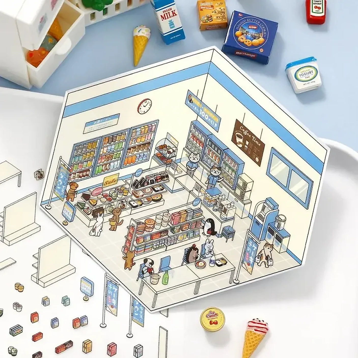 2.5D mini convenience store room sticker puzzle, detailed interior with figures and shelves