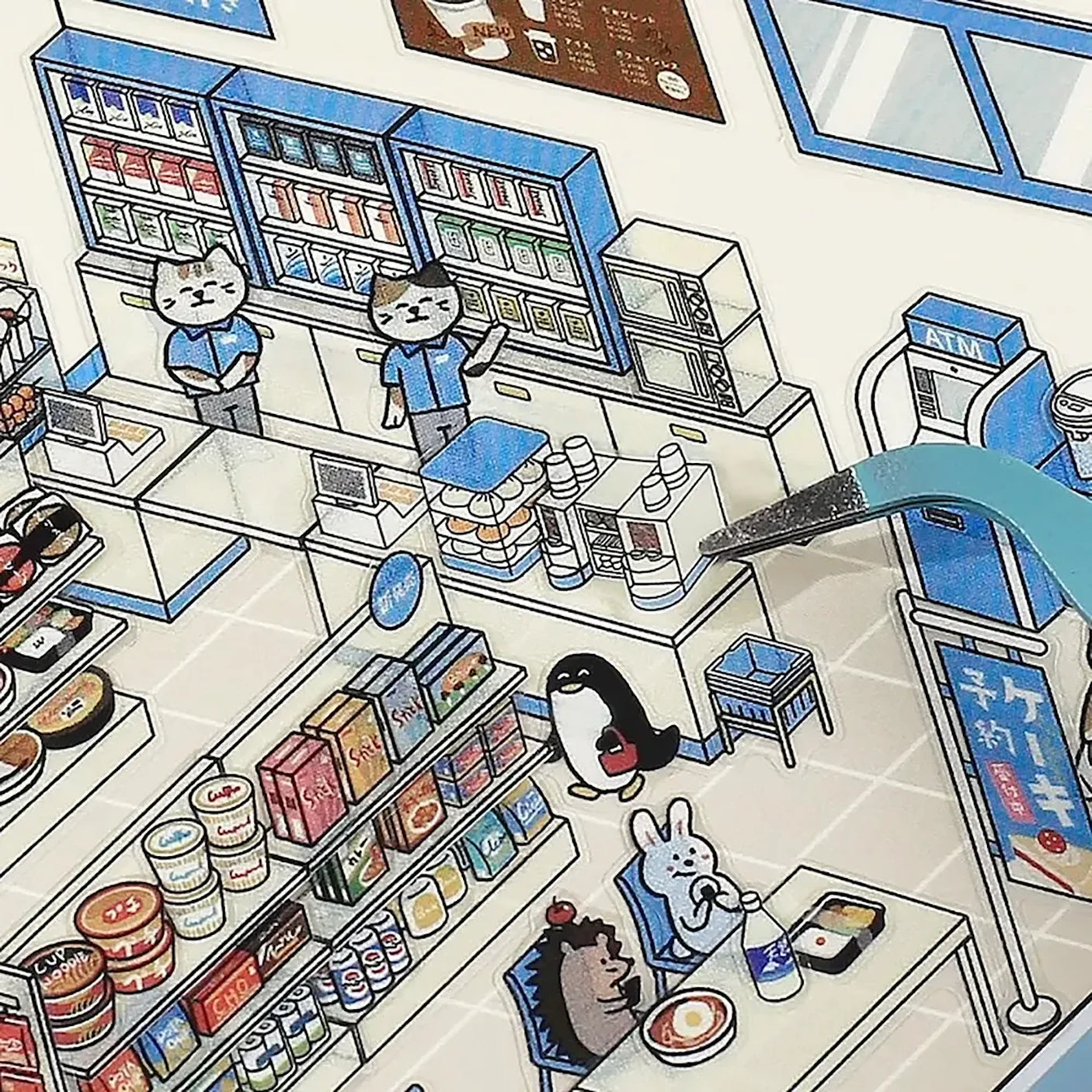 2.5D mini convenience store room sticker puzzle, close-up of shelves and characters