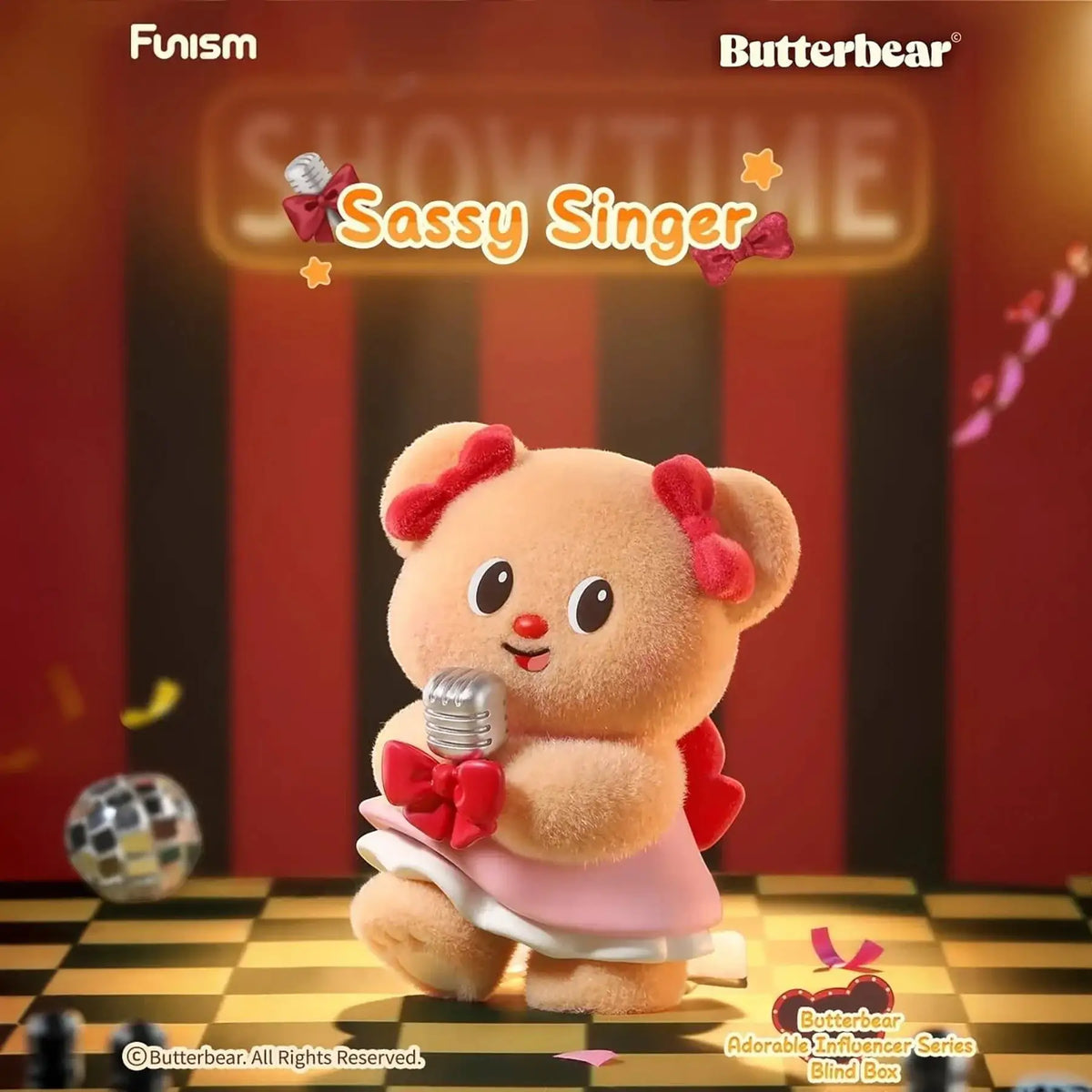 Butterbear blind box plush figure holding a red microphone, wearing a pink outfit