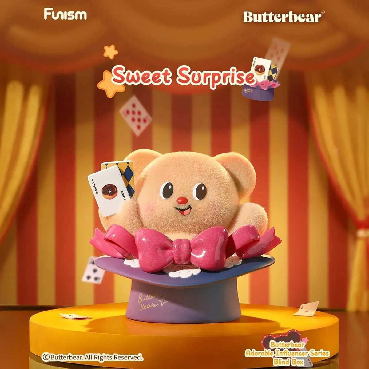 Butterbear blind box collectible plush bear figurine with pink bow and cards