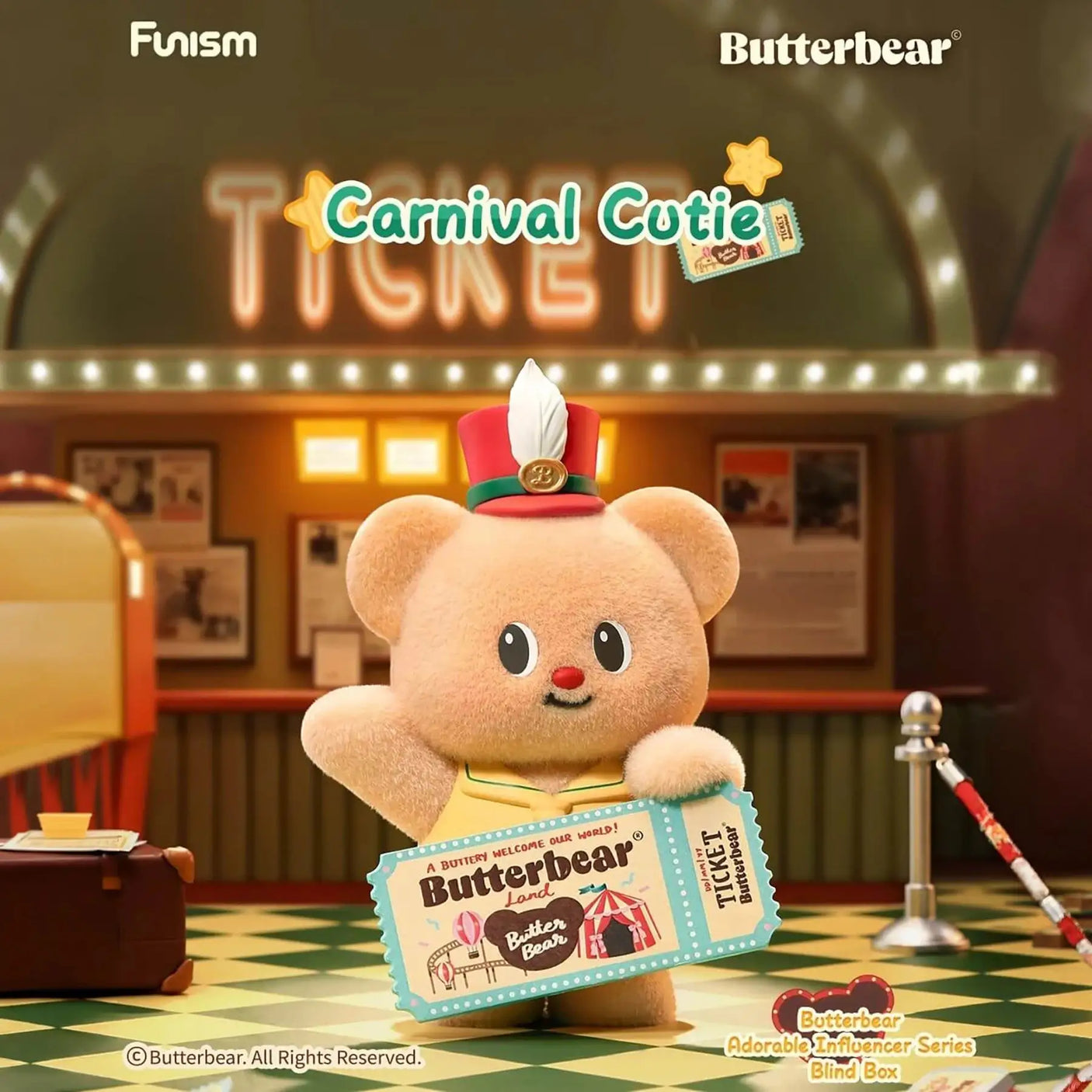 Butterbear blind box plush figure with a jester hat, holding a ticket card