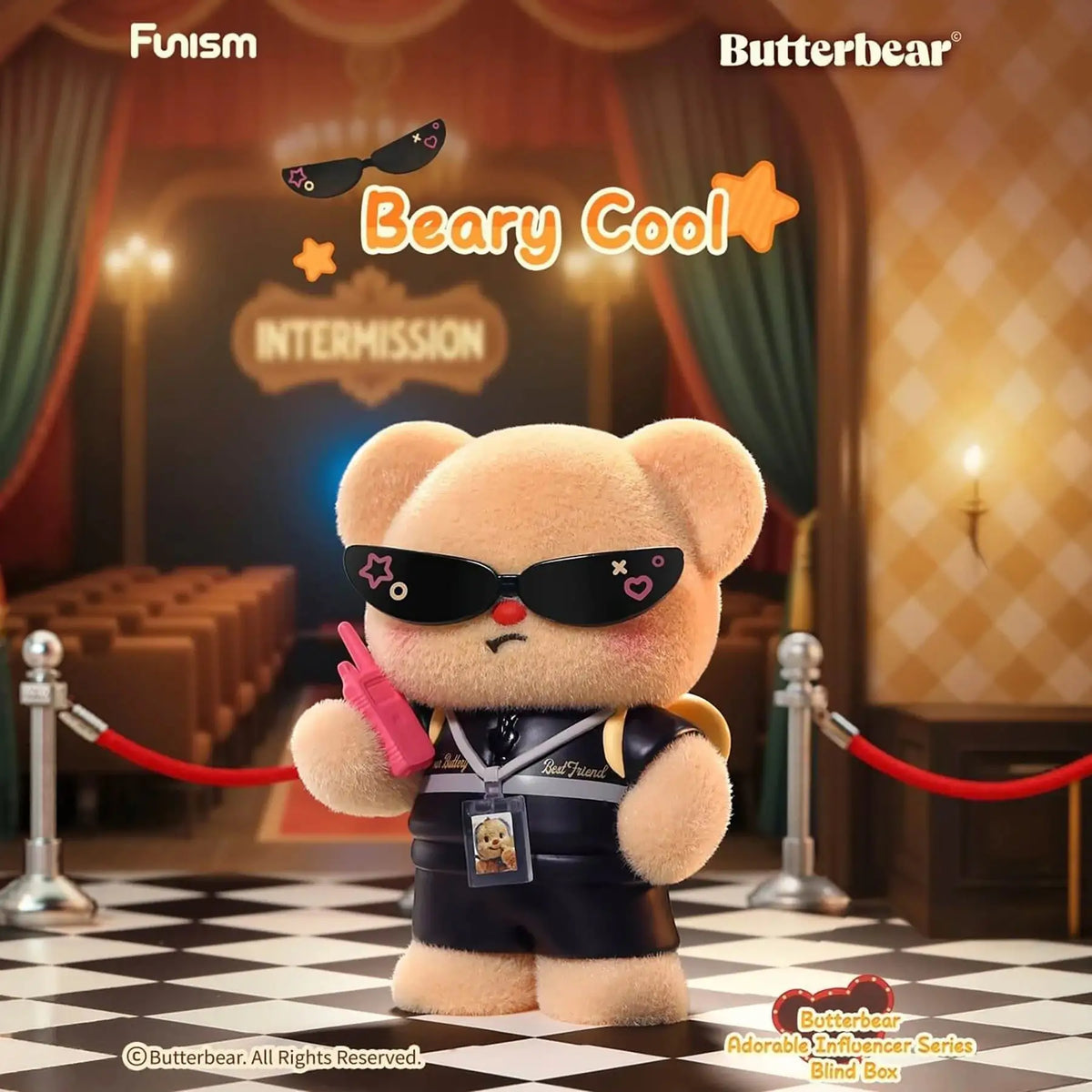 Butterbear blind box plush figure wearing sunglasses and holding a pink mic