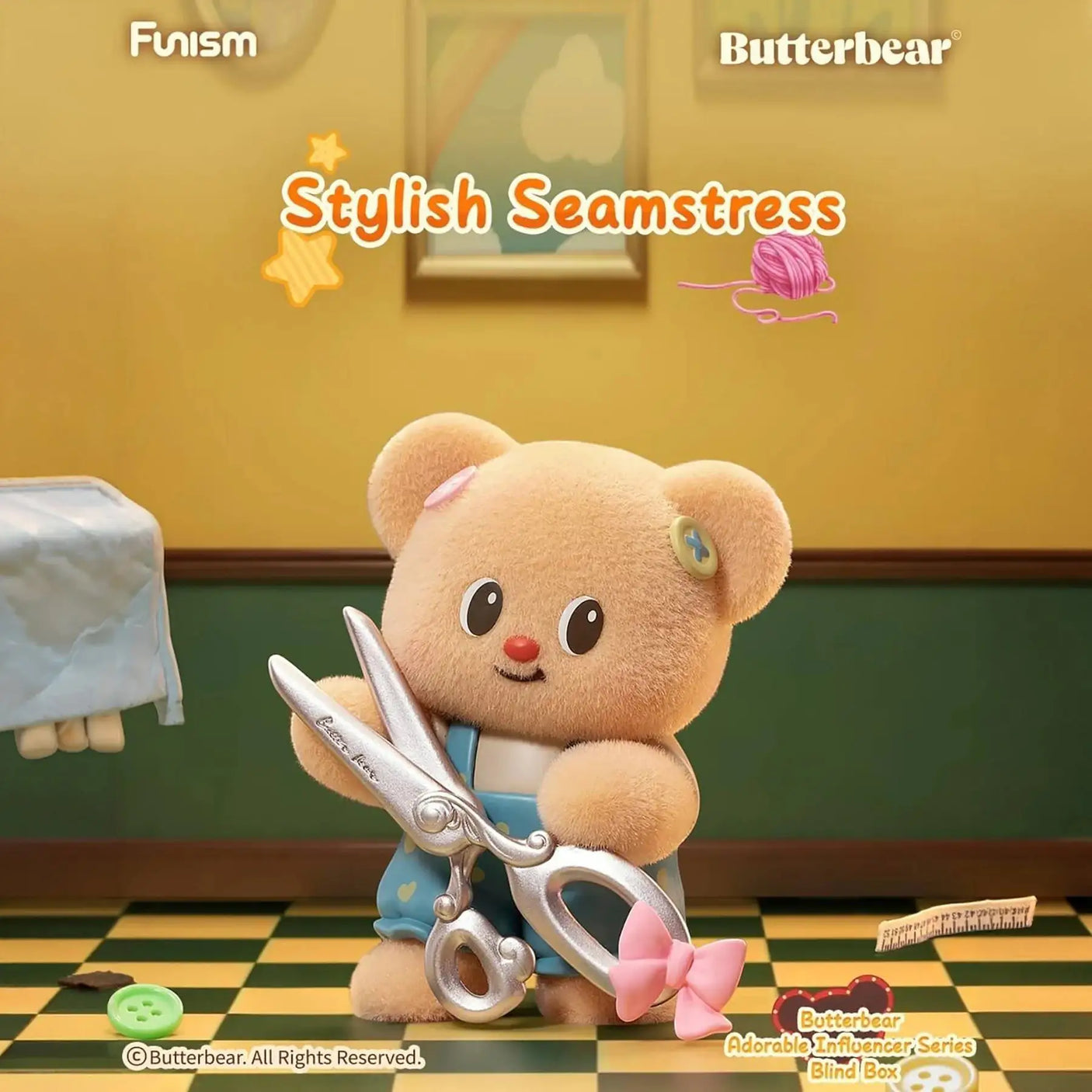 Butterbear blind box plush figure holding large silver scissors with a sewing bow