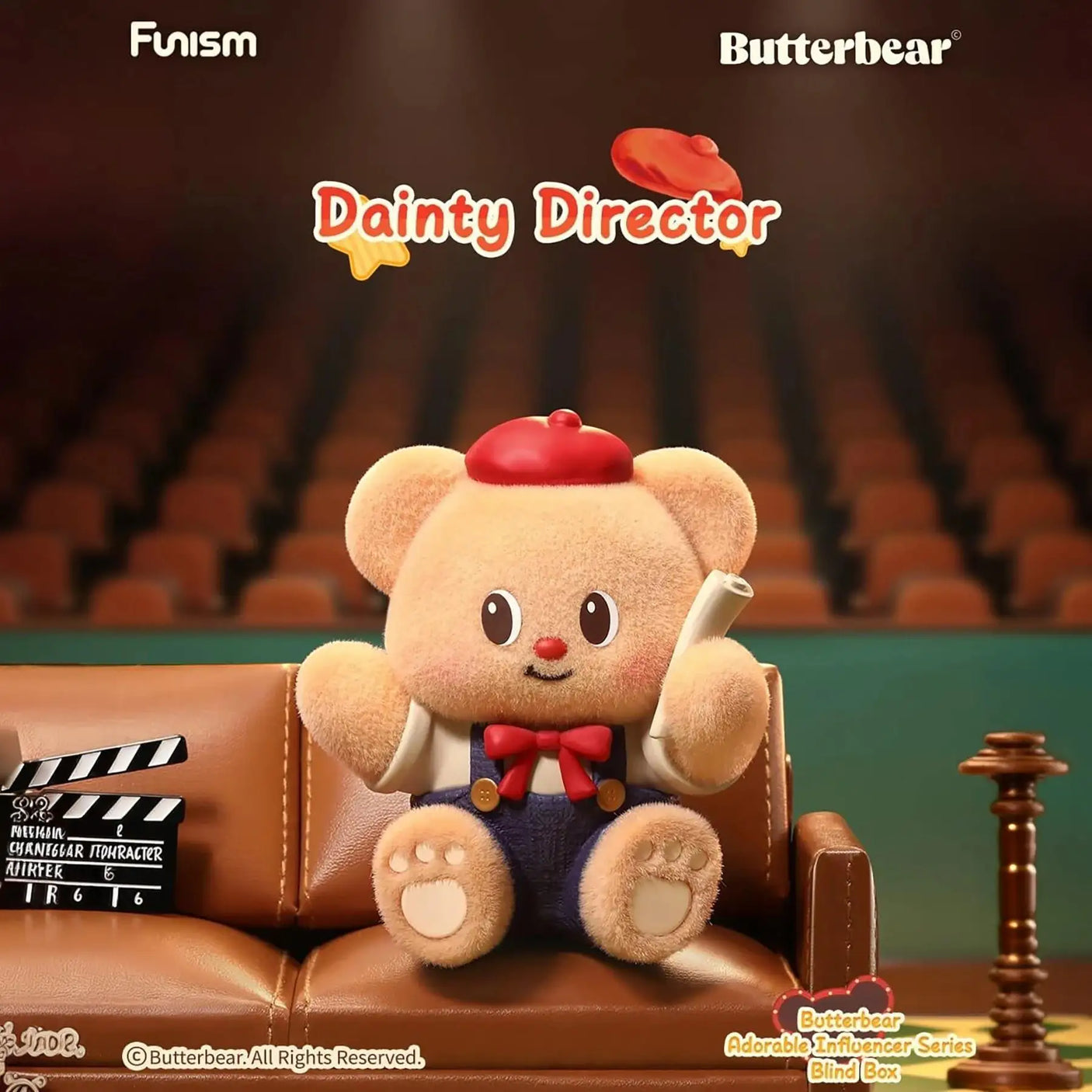 Butterbear blind box plush figure sitting in a movie director chair with clapperboard props