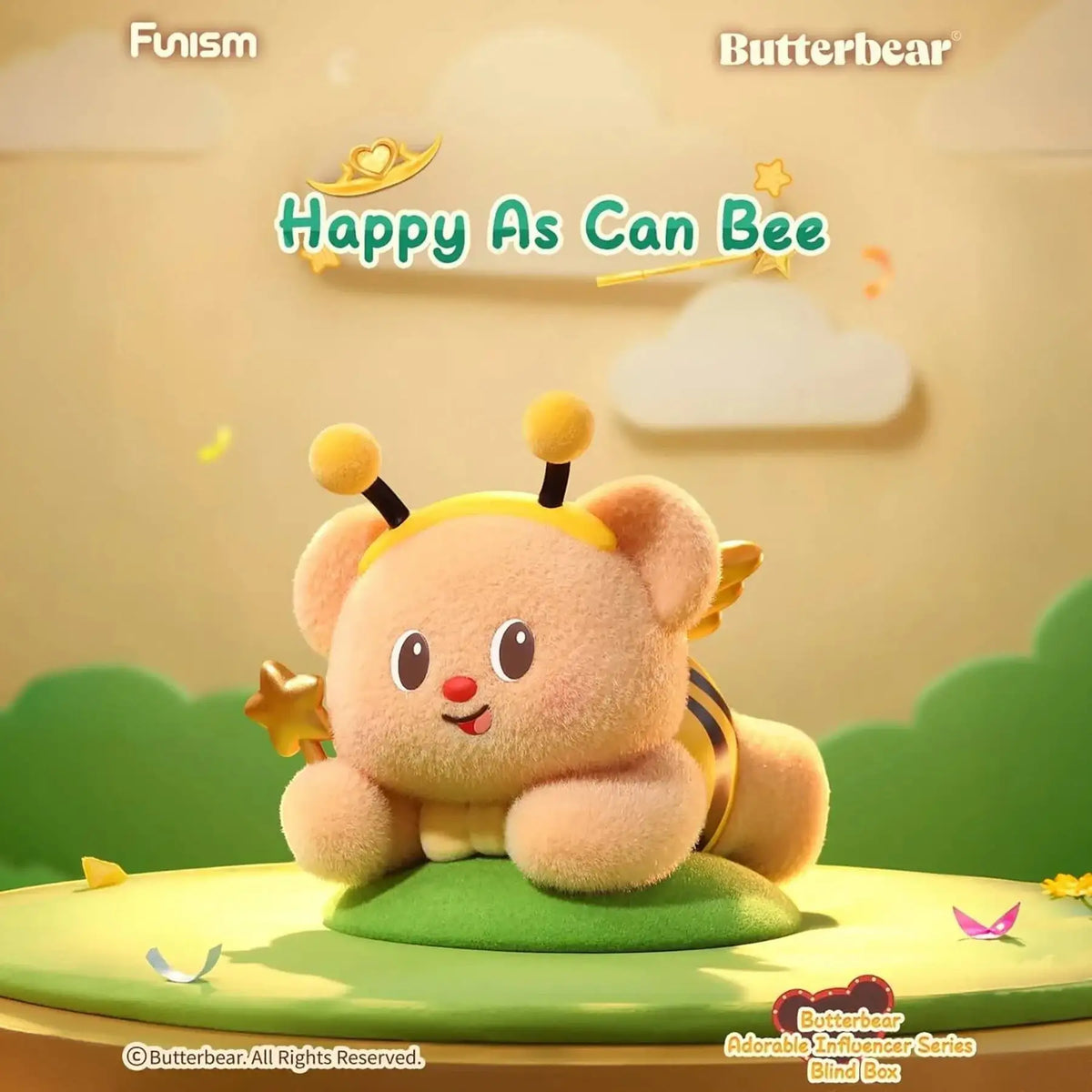 Butterbear blind box plush figure with antenna-style headband, smiling on a green base