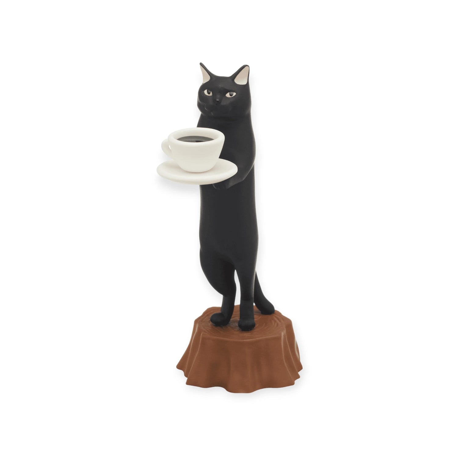 A figurine from the Cat Cafe Waiter Blind Box by Kitan Club depicts a black cat standing on a stump, reminiscent of charming waiter figures at cat cafes, holding a white cup and saucer filled with coffee.