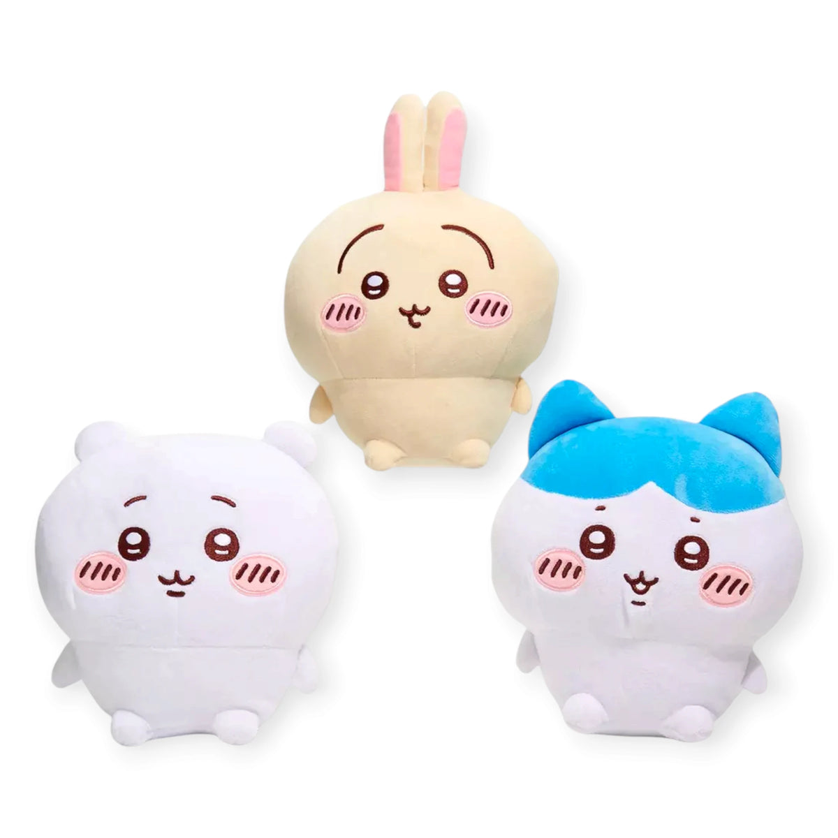 Set of three 20cm plush figures: beige, white, and blue-accented bunny-cat